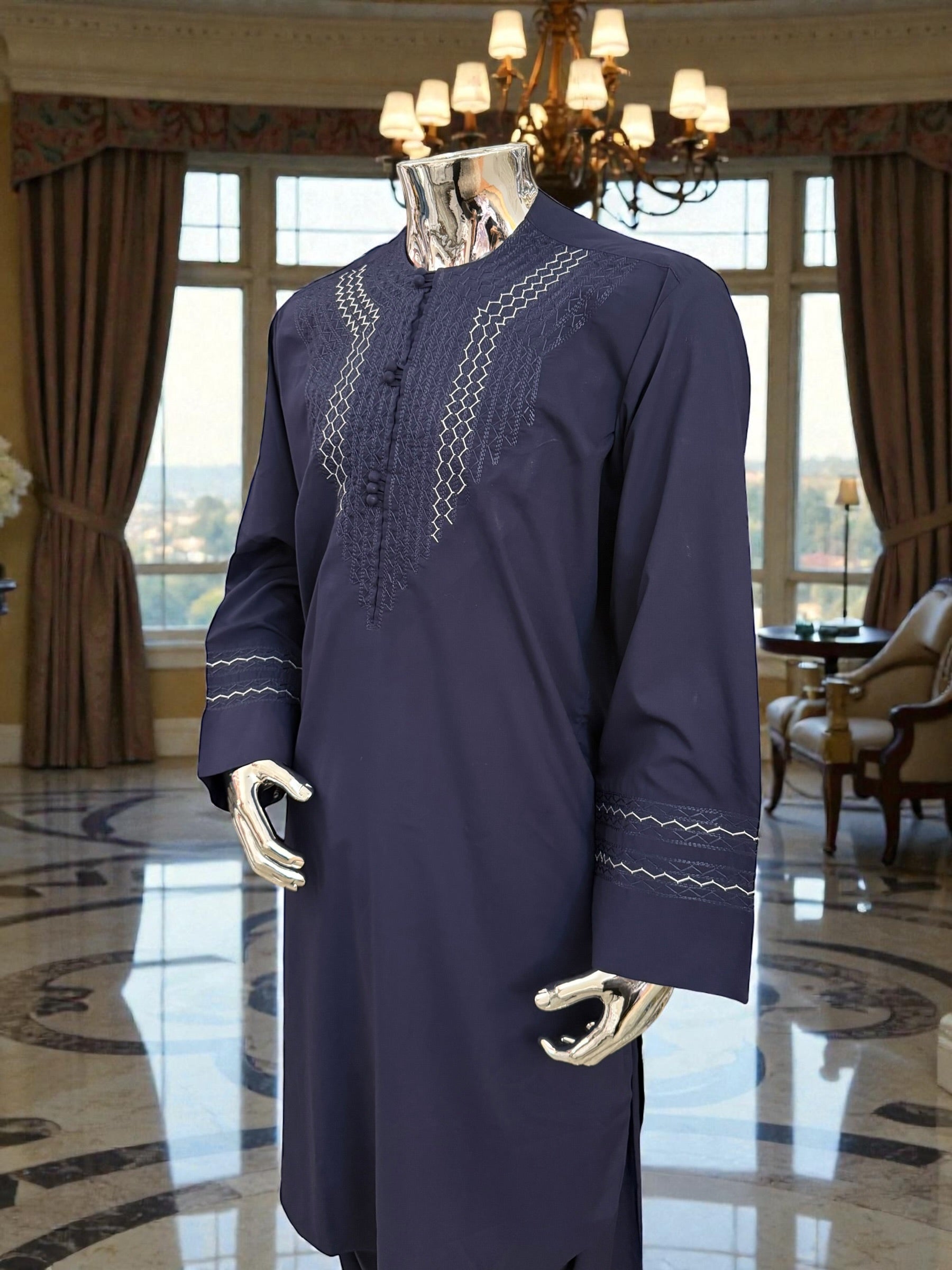 Large Handmade Parahan Tumban | White & Navy Embroidery Minor Imperfection – Special Discount