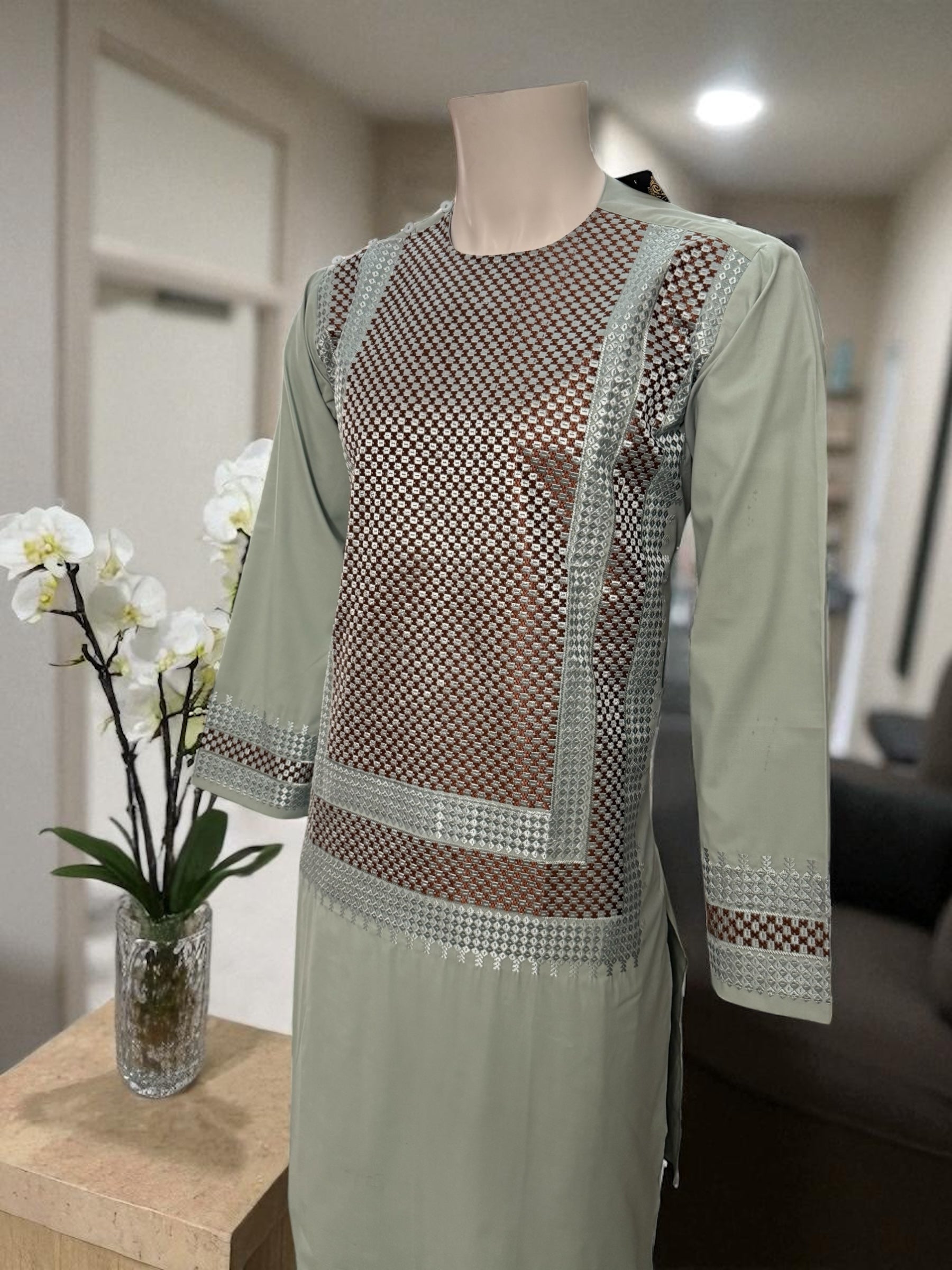 Men’s Pistachio Green Kameez with Brown and Matching Machine Embroidery – Afghan Traditional Wear | Luqmaan Boutique (Medium)