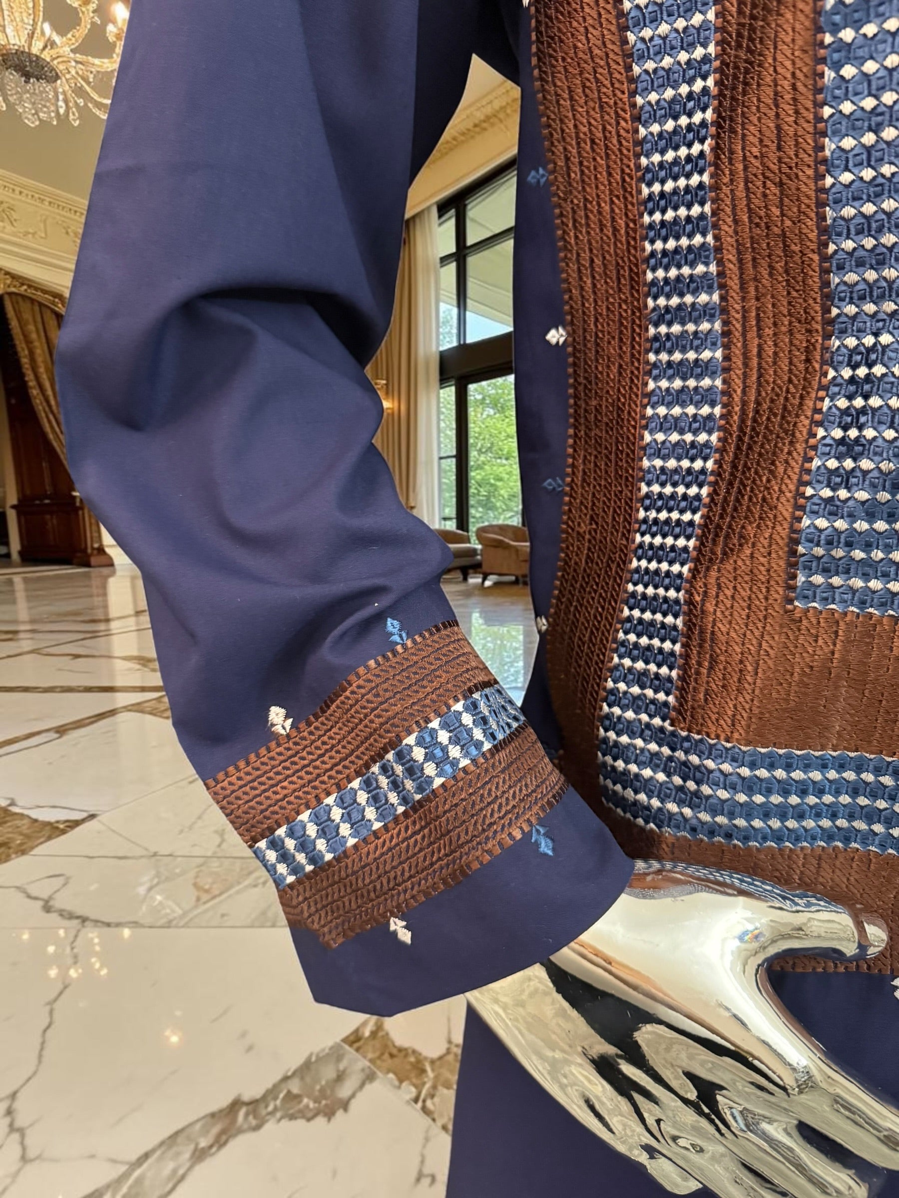 Large Navy Blue Afghan Parahan Tunban with Brown Machine Embroidery Detail