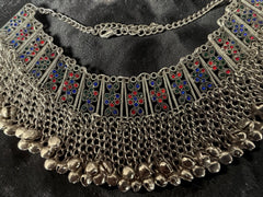 Traditional 4-Piece Afghan Tribal Jewelry Set – Vintage Silver-Tone Choker Necklace with Matching Earrings & Headpiece | Kuchi Boho Statement Jewelry for Women 013