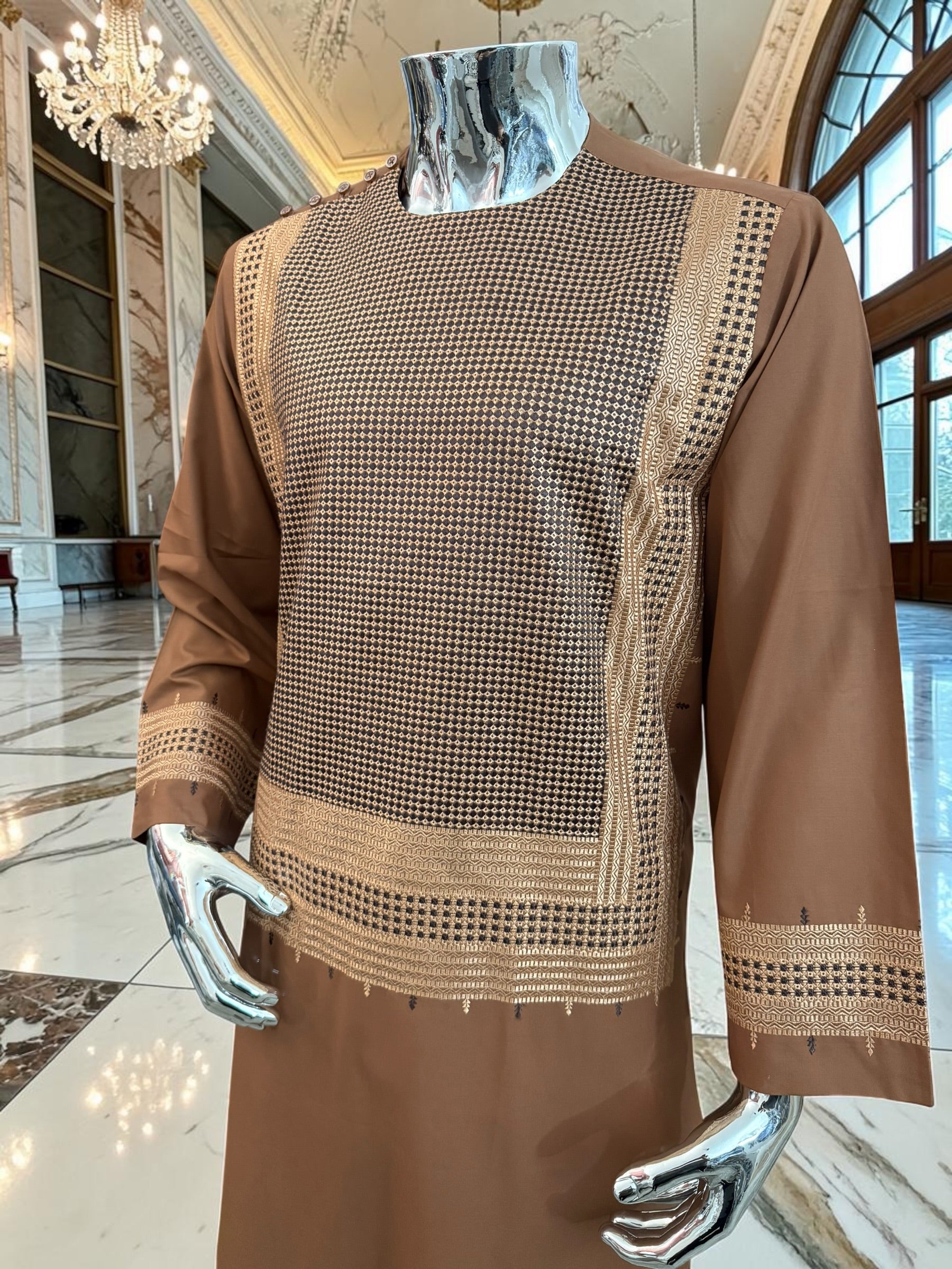 Medium Copper Brown Afghan Shalwar Kameez with Gold Embroidery | Premium Men’s Traditional Wear