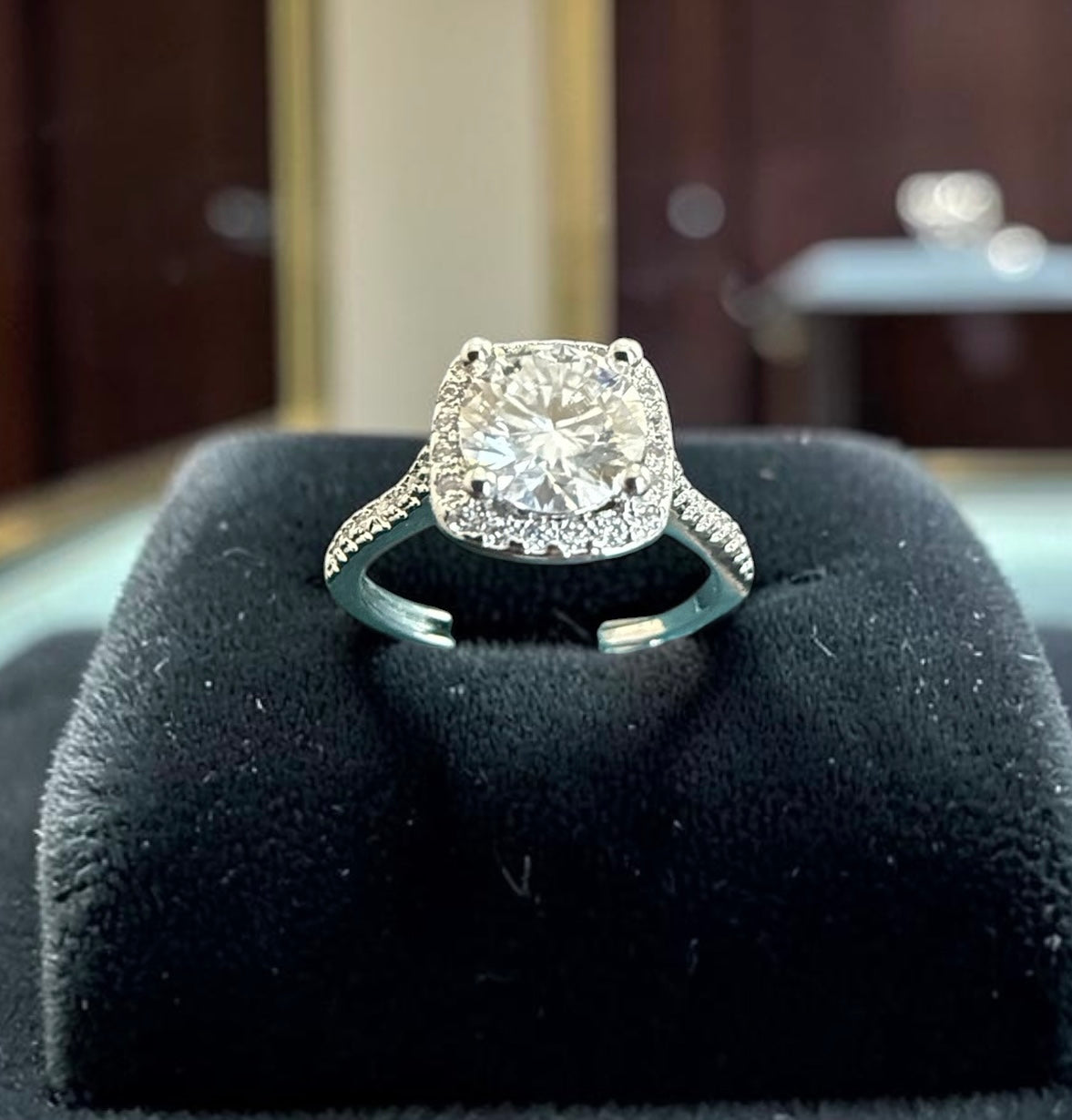 Adjustable Cushion Cut Moissanite Halo Ring for Women – High-Quality Brass, Pavé Band, GRA Certificate & Gift Box Included 7055