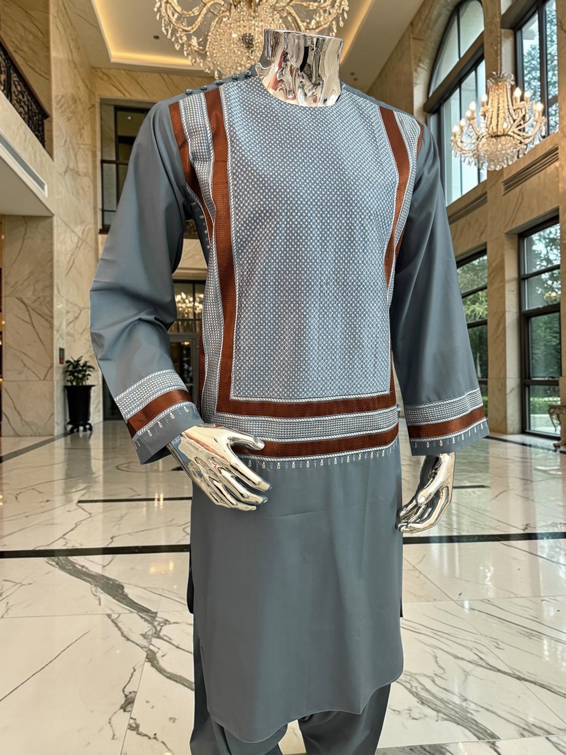 Medium Steel Blue Parahan Tunban with White & Brown Embroidery | Premium Afghan Traditional Wear
