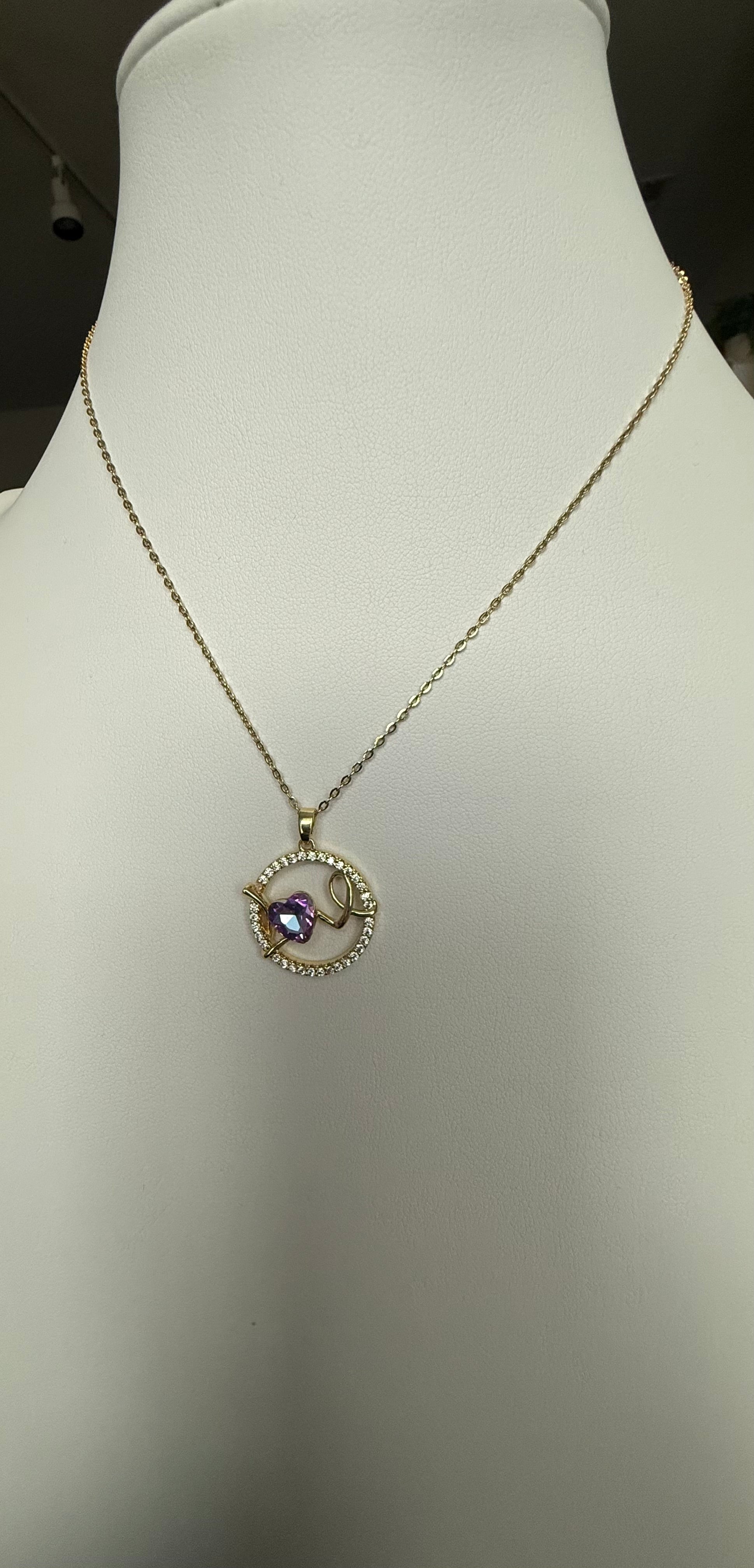 Purple Heart Crystal Pendant Necklace – Gold Tone Stainless Steel Love Pendant 7154