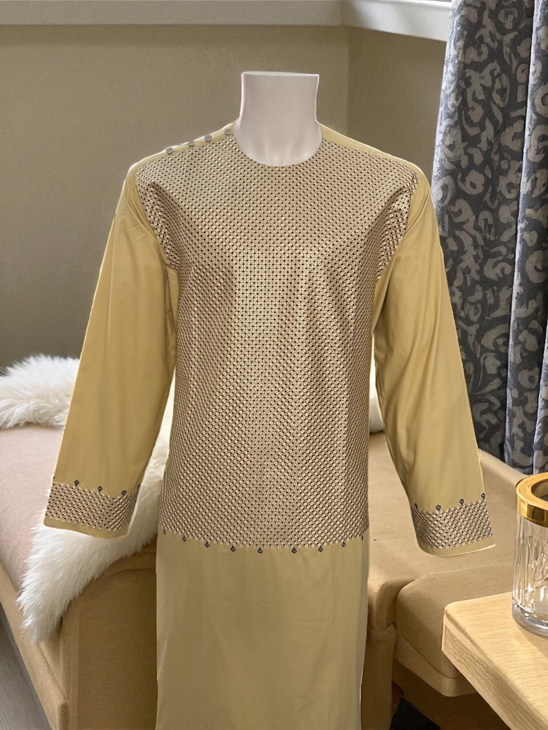 Men’s Beige Kameez with Black Embroidery