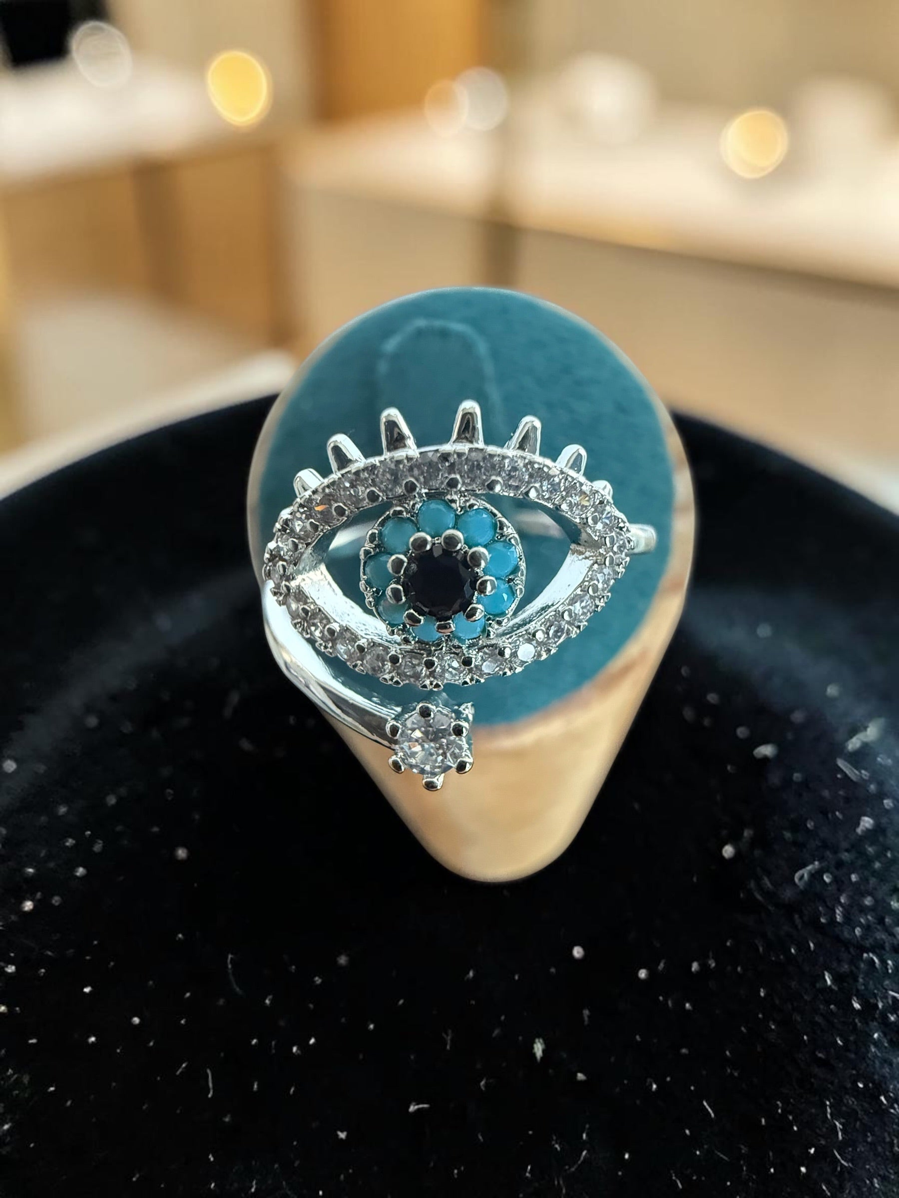 Turquoise Evil Eye Adjustable Statement Ring – Silver Tone Crystal Eye Ring 7150