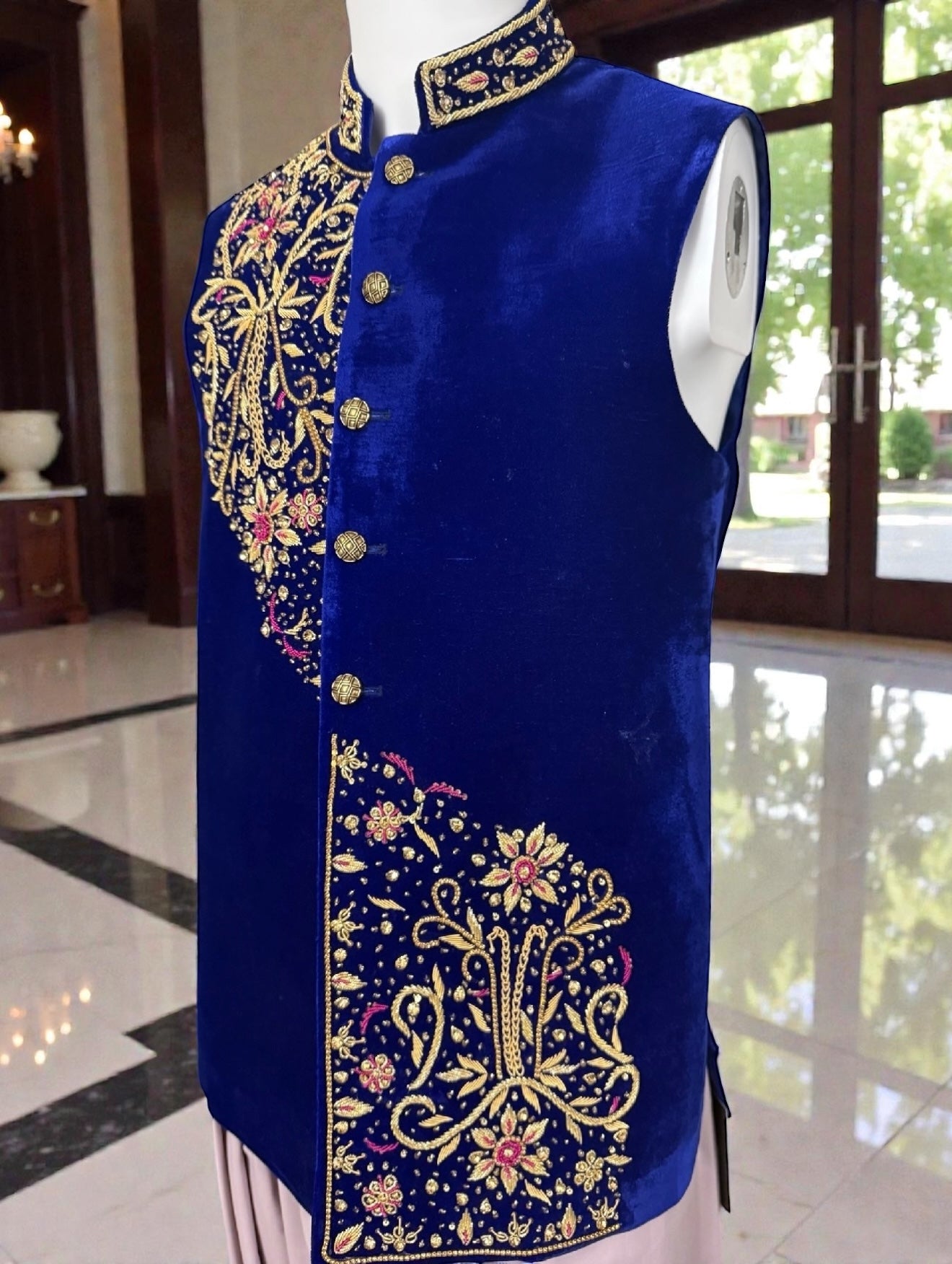 Royal Blue Velvet Vestcoat – Handmade Soma & Borr Borr Gold Embroidery | Men’s Luxury Afghan Waistcoat Medium