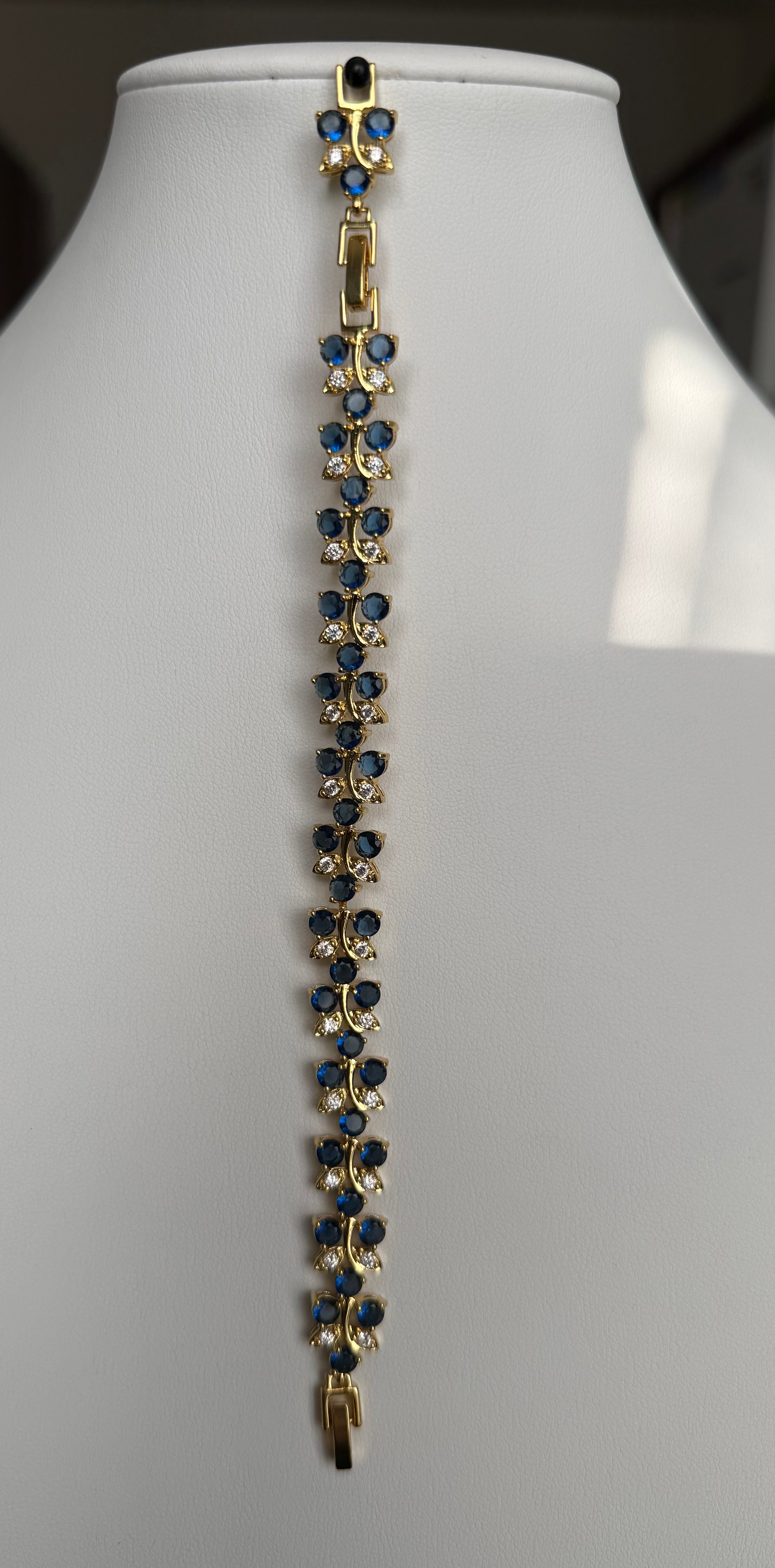 Sapphire Blue Butterfly Crystal Bracelet – Gold Tone Rhinestone Statement Jewelry 7081