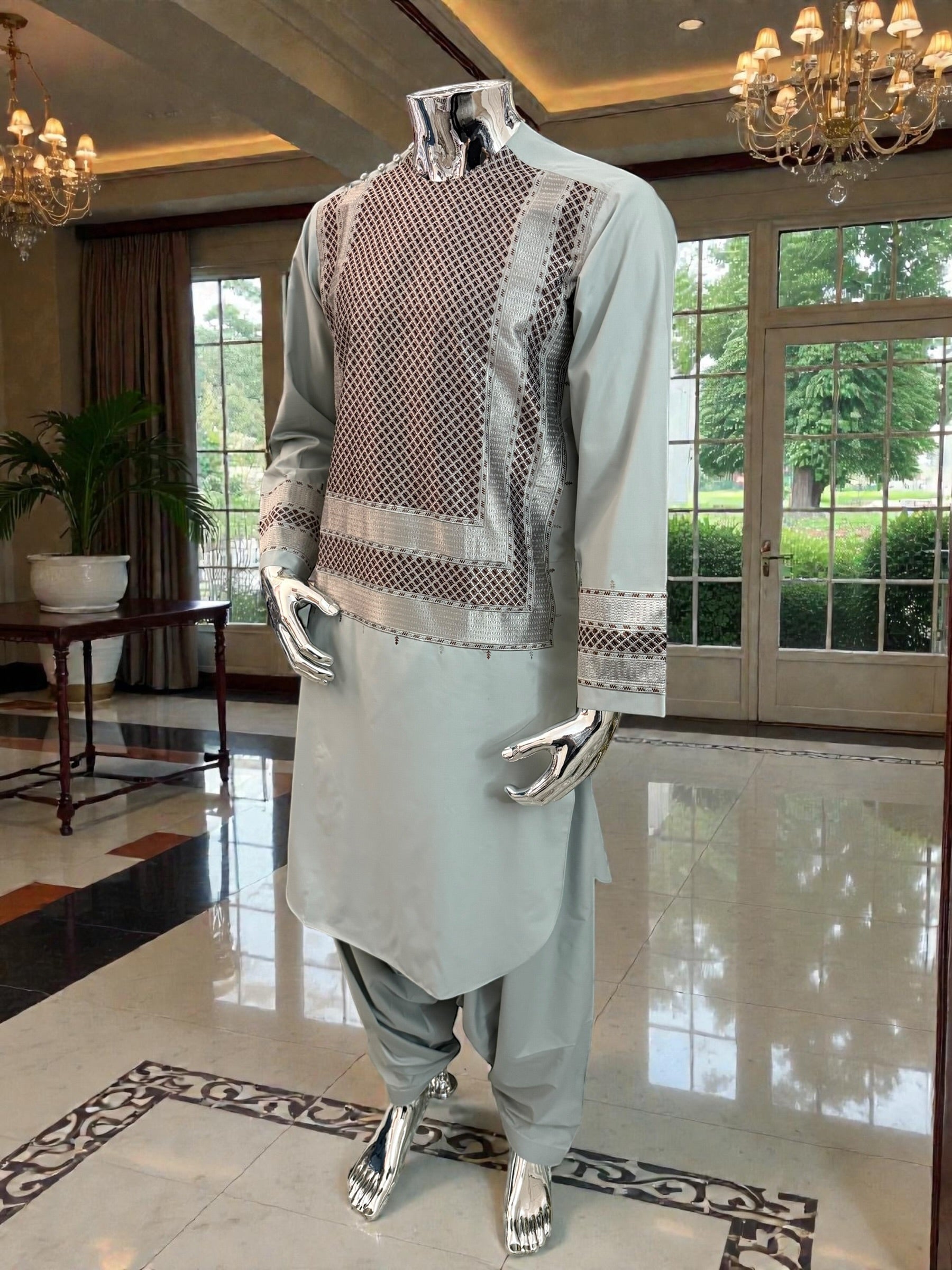 Men’s Parahan Tunban with Premium Geometric Embroidery Small