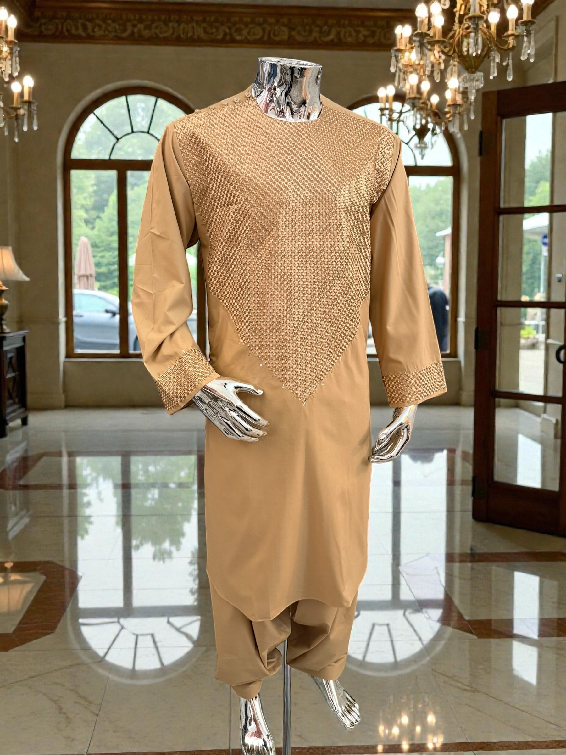 Large Golden Tan Afghan Parahan Tumban with Matching Khamak-Style V-Pattern Embroidery – Men’s Traditional Wear