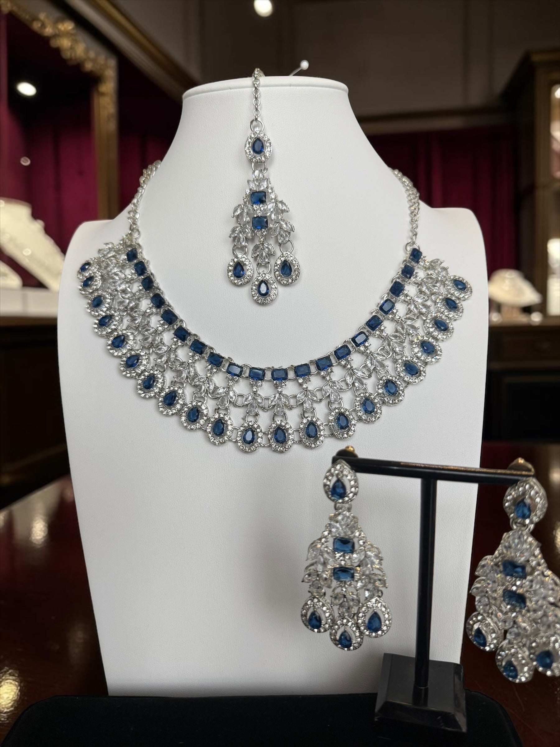 Silver-Tone AD Bridal Necklace Set with Earrings & Maang Tikka – 8 Colors