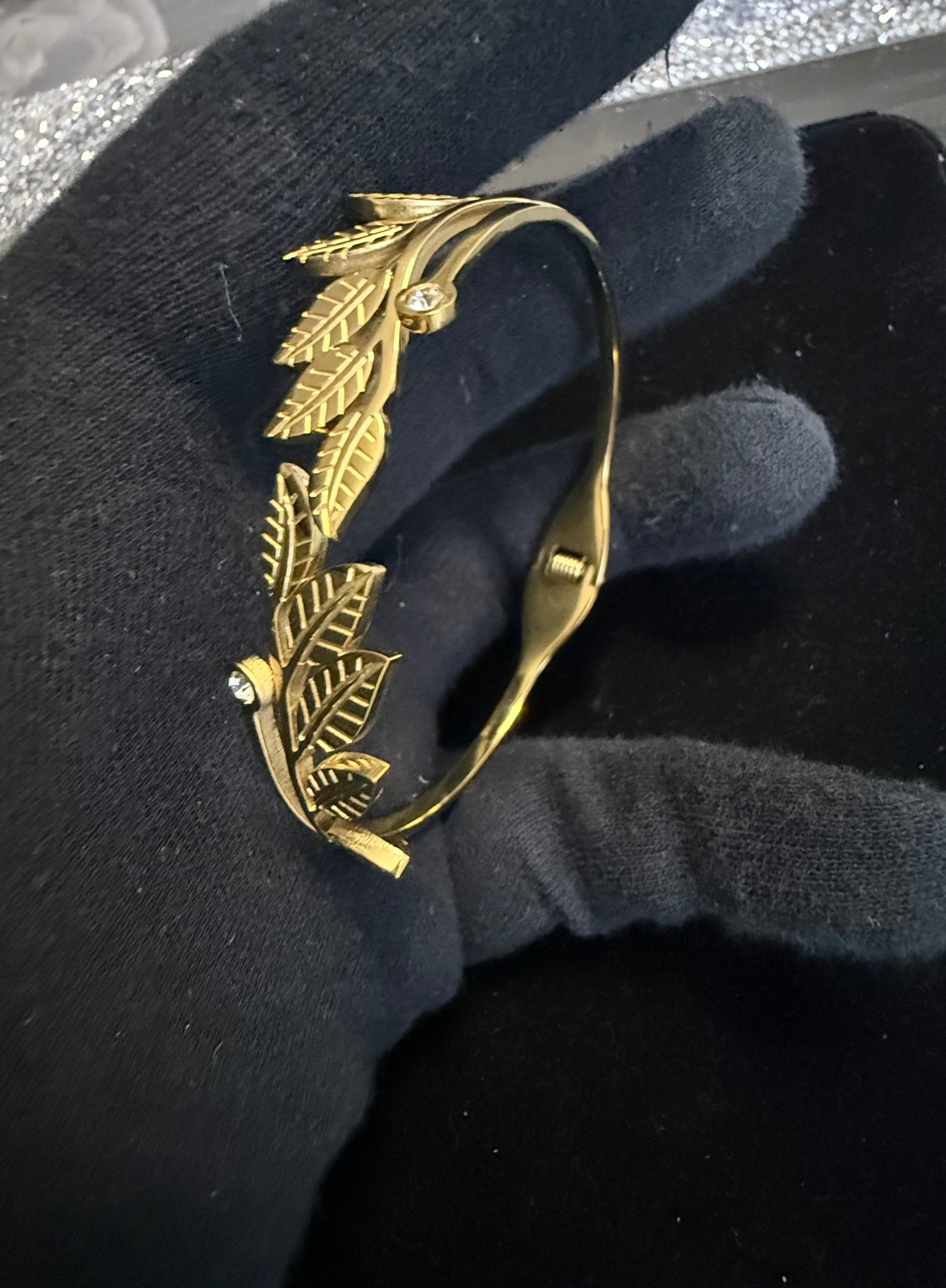 Gold Tone Leaf Vine Stretch Open Bangle Bracelet with Clear Stone Accents 8060