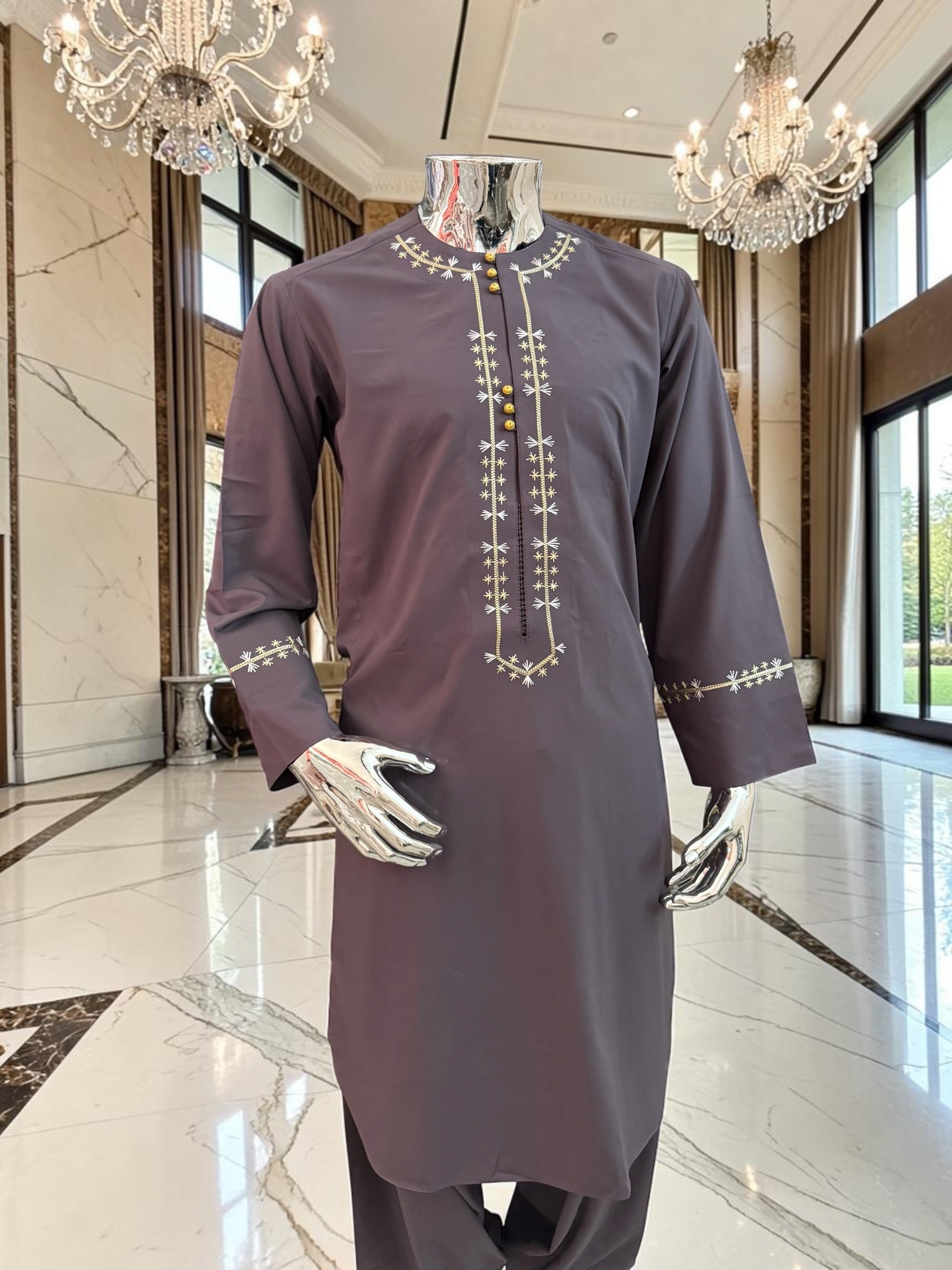 Plum Embroidered Afghan Parahan Tunban for Men with Matching Shawl