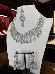 Luxury Silver Tone Blush Pink Crystal Bridal Jewelry Set | Statement Necklace, Earrings & Maang Tikka | Wedding Jewelry with Black Gift Box 6029