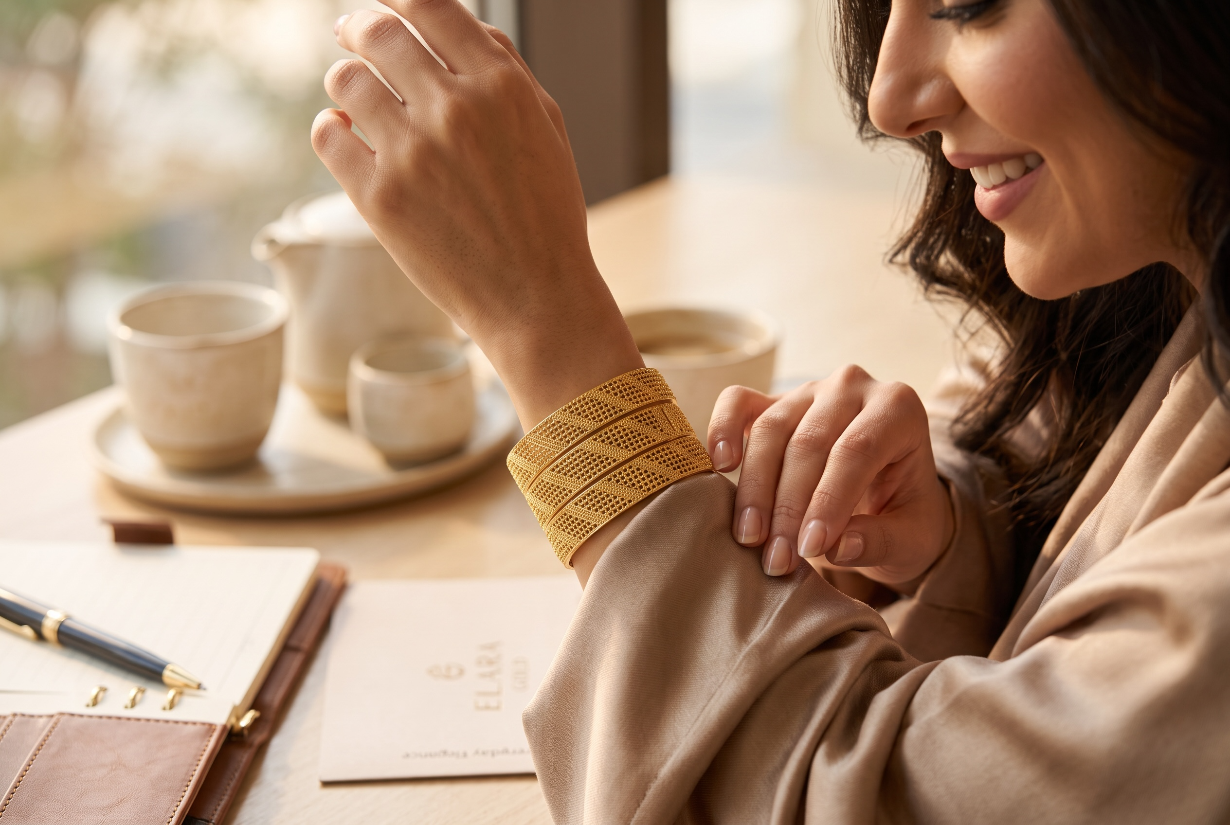 Women’s Wide Gold-Tone Copper Bangle – Dubai-Inspired Textured Openwork Bracelet 034