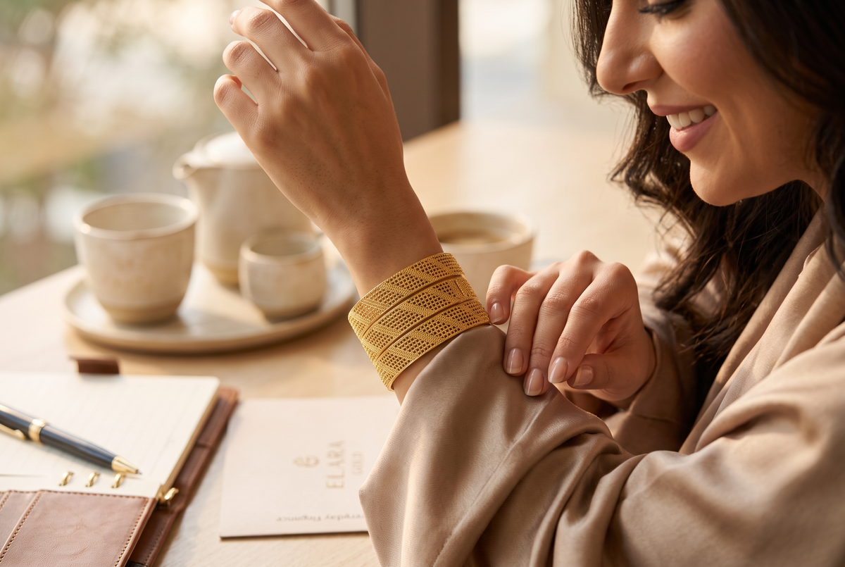 Women’s Wide Gold-Tone Copper Bangle – Dubai-Inspired Textured Openwork Bracelet 034