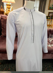 Men’s White Afghan Parahan Tumban – Black Embroidered Placket & Classic Collar | Luqmaan Boutique (Large)