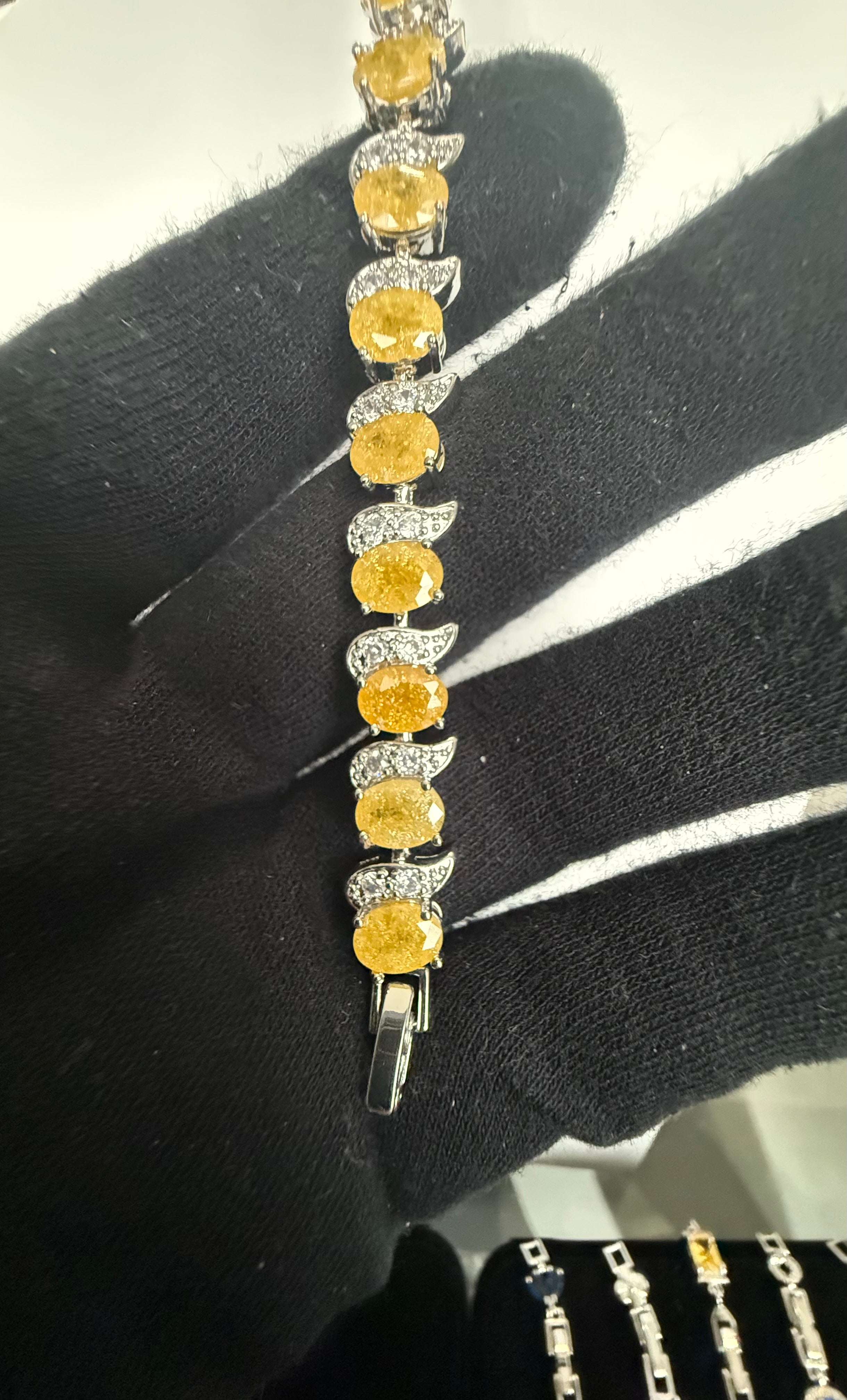 Yellow Crystal Link Bracelet – Silver-Tone Oval Stone & Pavé Swirl Bracelet for Women 7124