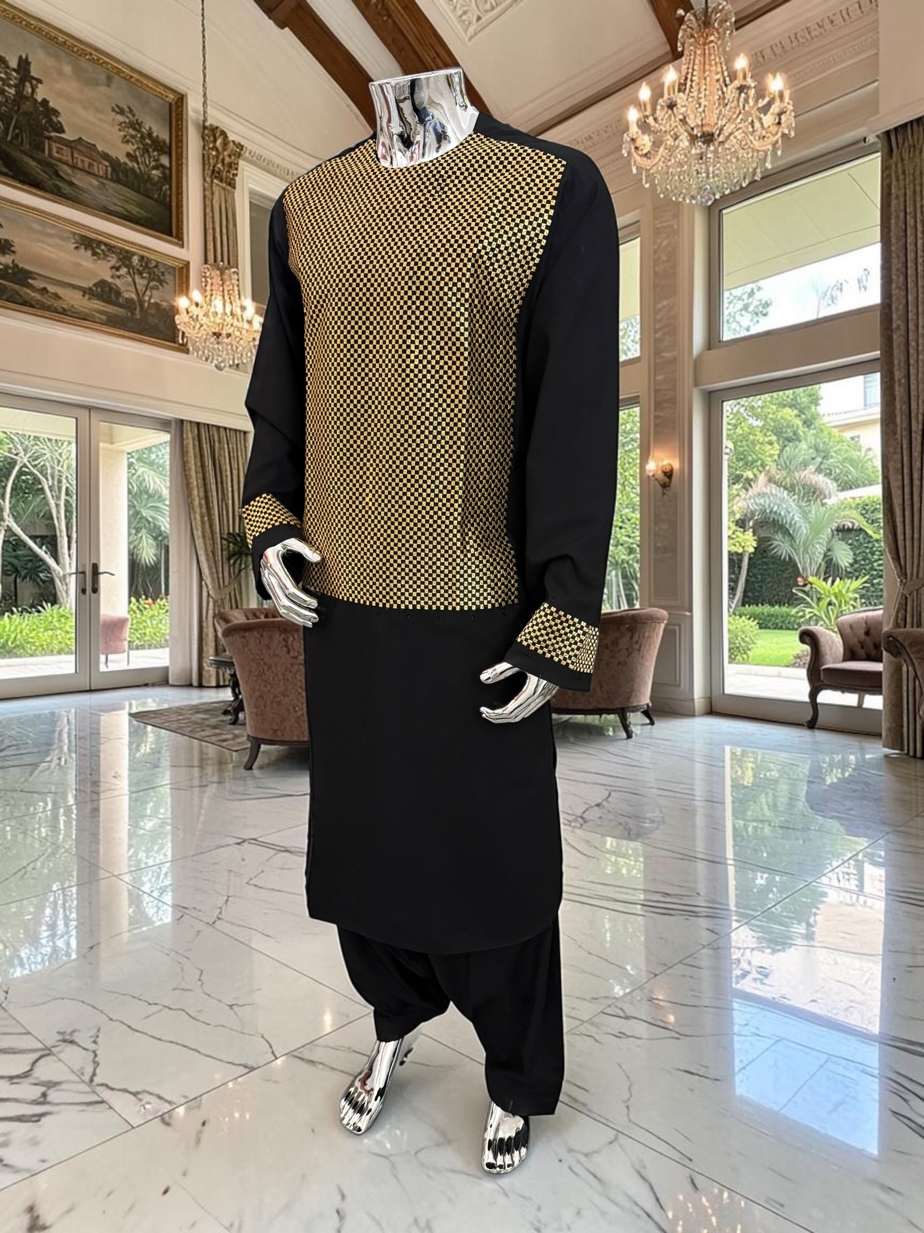 X-Large Afghan Parahan Tunban Kameese Shalwar Black Gold Machine Embroidery