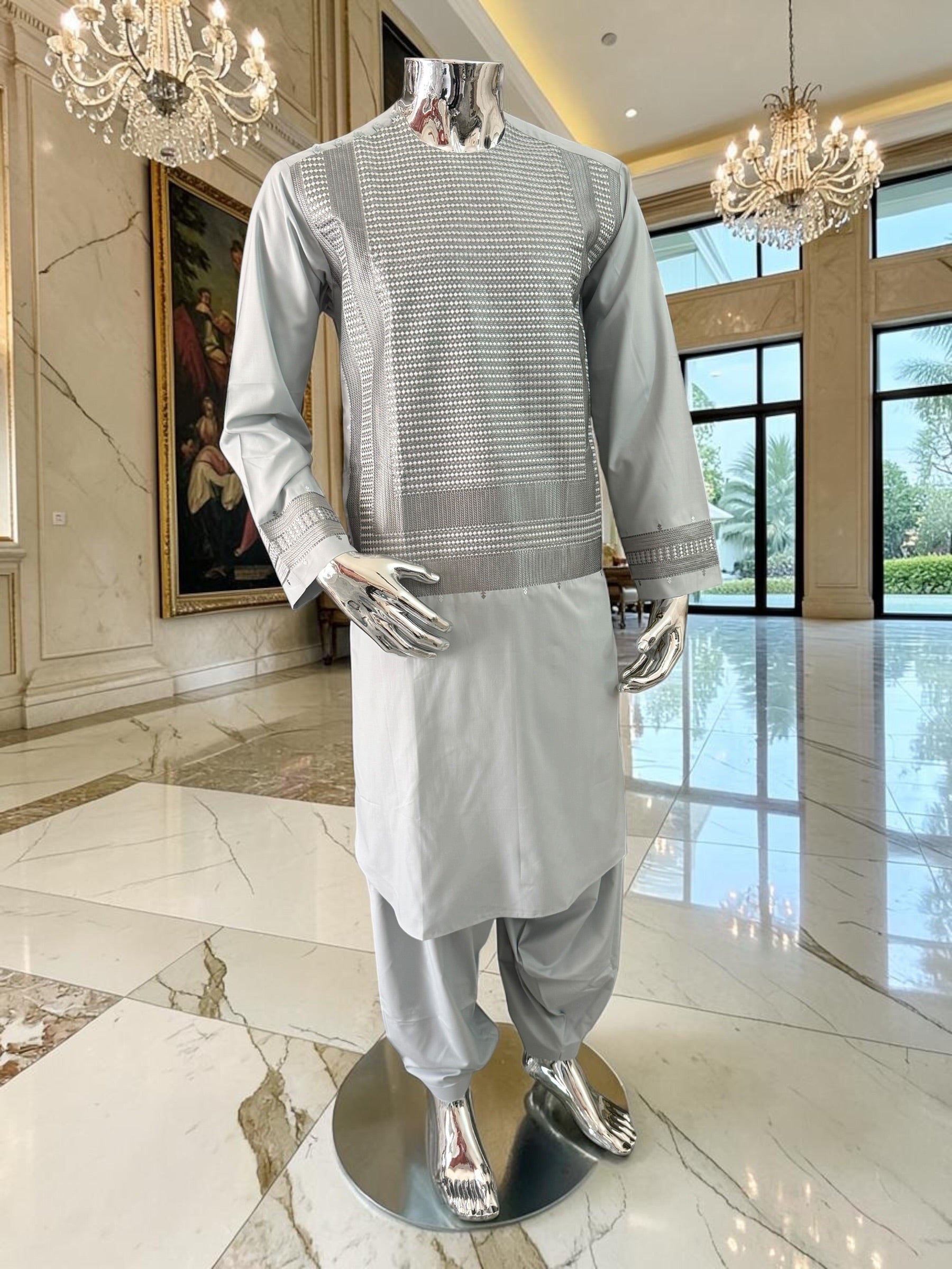 Small Premium Ice Grey Machine Embroidered Parahan Tunban Set with Matching Chadder