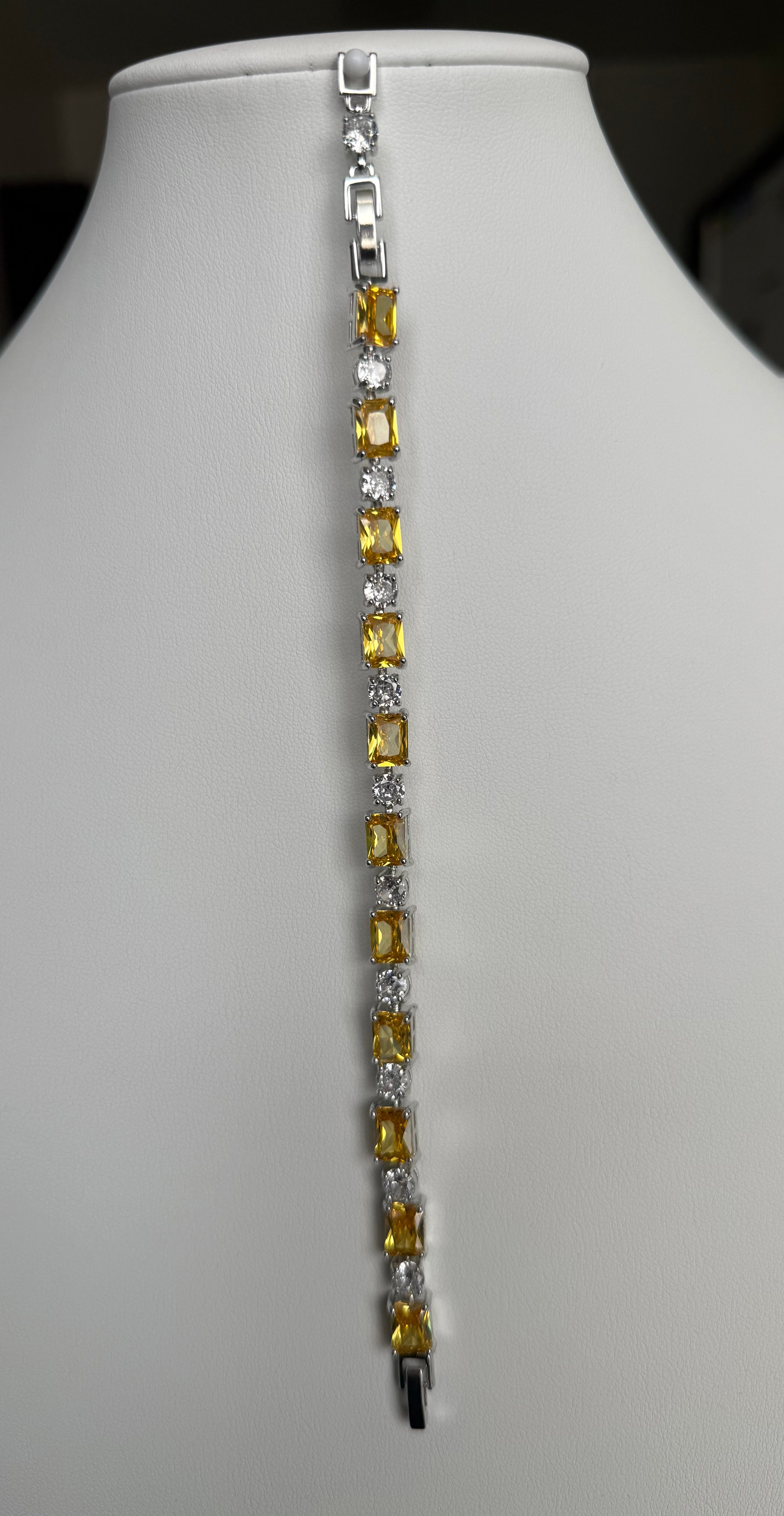 Yellow Emerald-Cut Crystal Tennis Bracelet – Silver Tone Statement Bracelet 7143