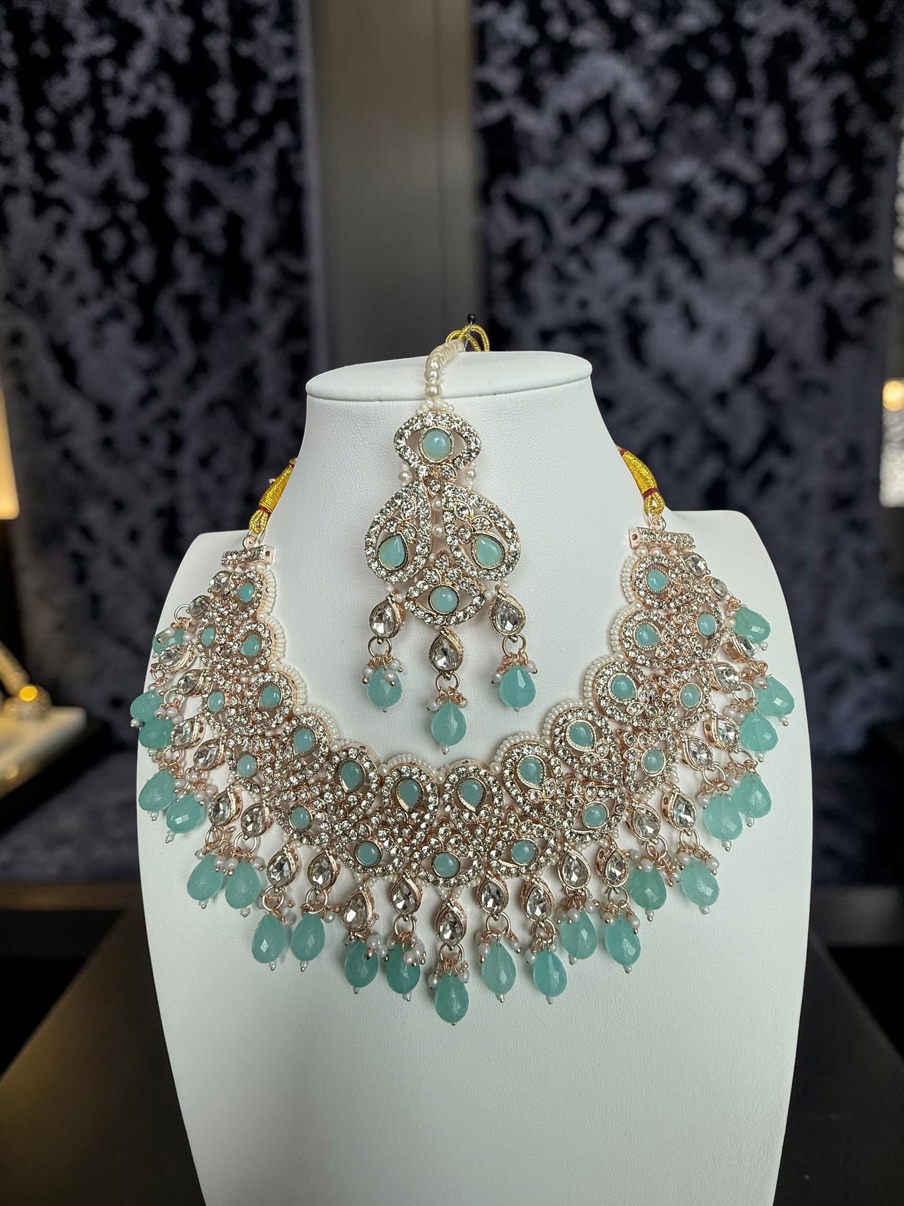 Aqua Blue Kundan Bridal Jewelry Set with Earrings & Maang Tikka | Rose Gold Indian Pakistani Afghan Wedding Necklace | Jewelry Gift Box Included 6045
