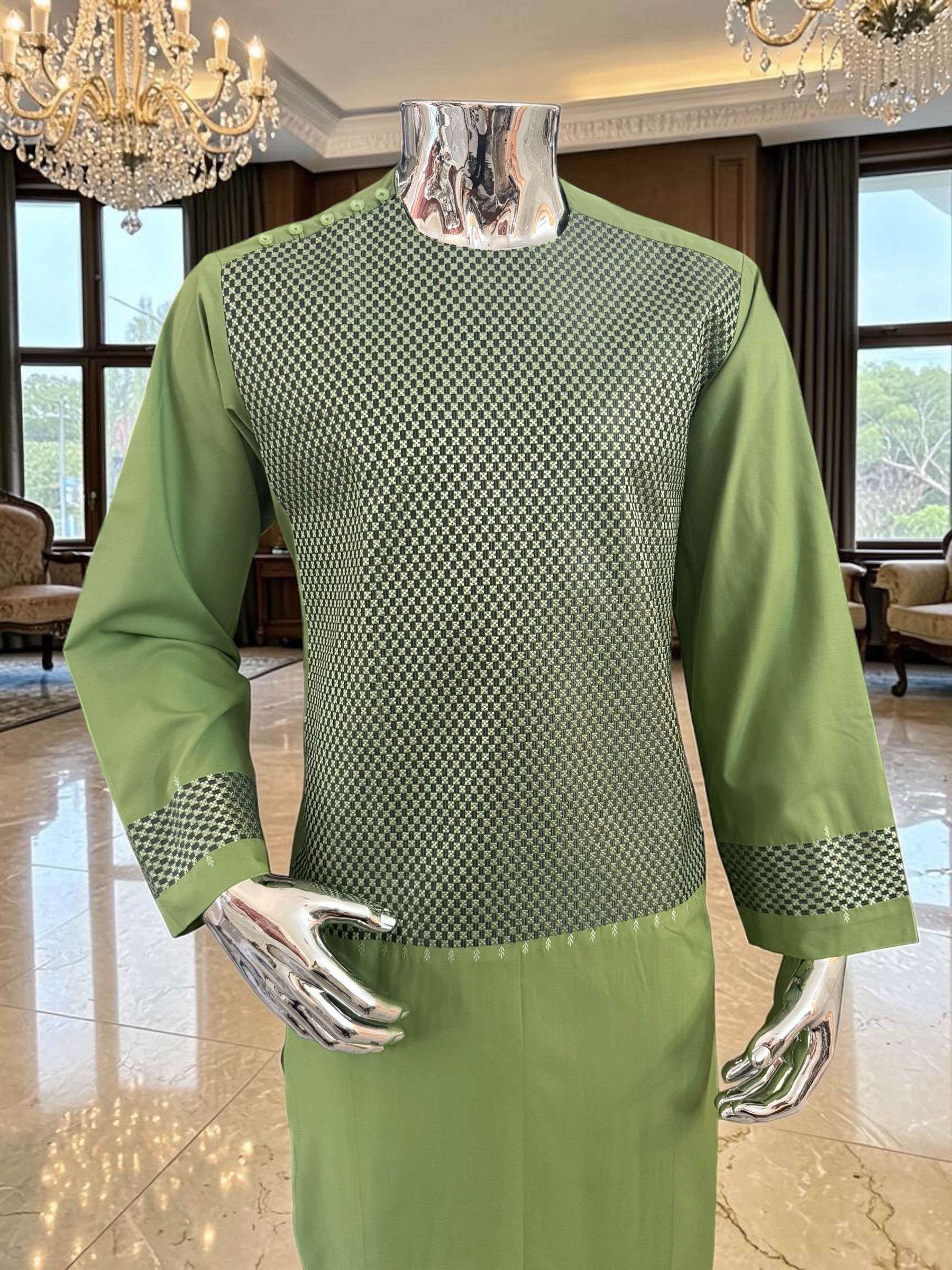 Medium Afghan Parahan Tunban Kameese Shalwar Green Machine Embroidery