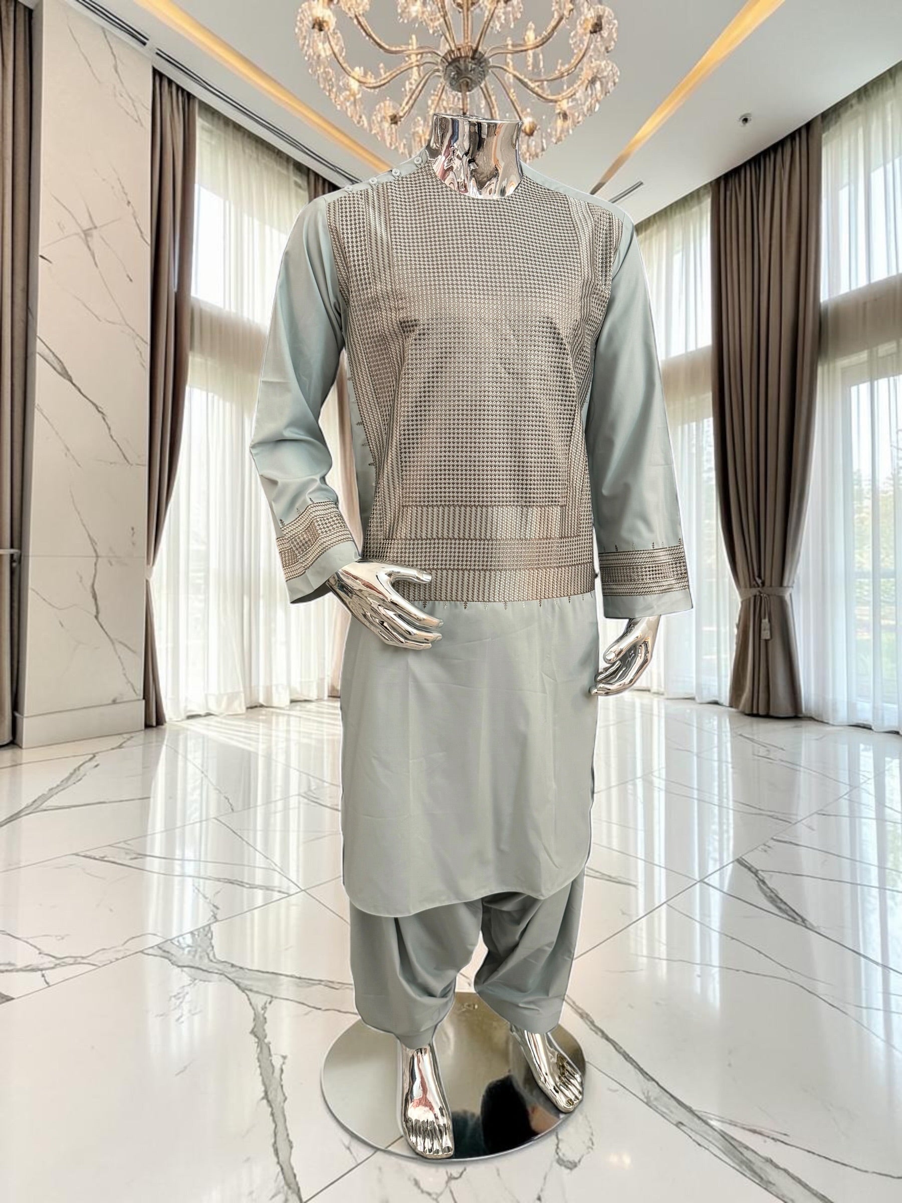 Men’s Sage Gray Embroidered Afghan Parahan Tunban with Matching Shawl – Medium 7232