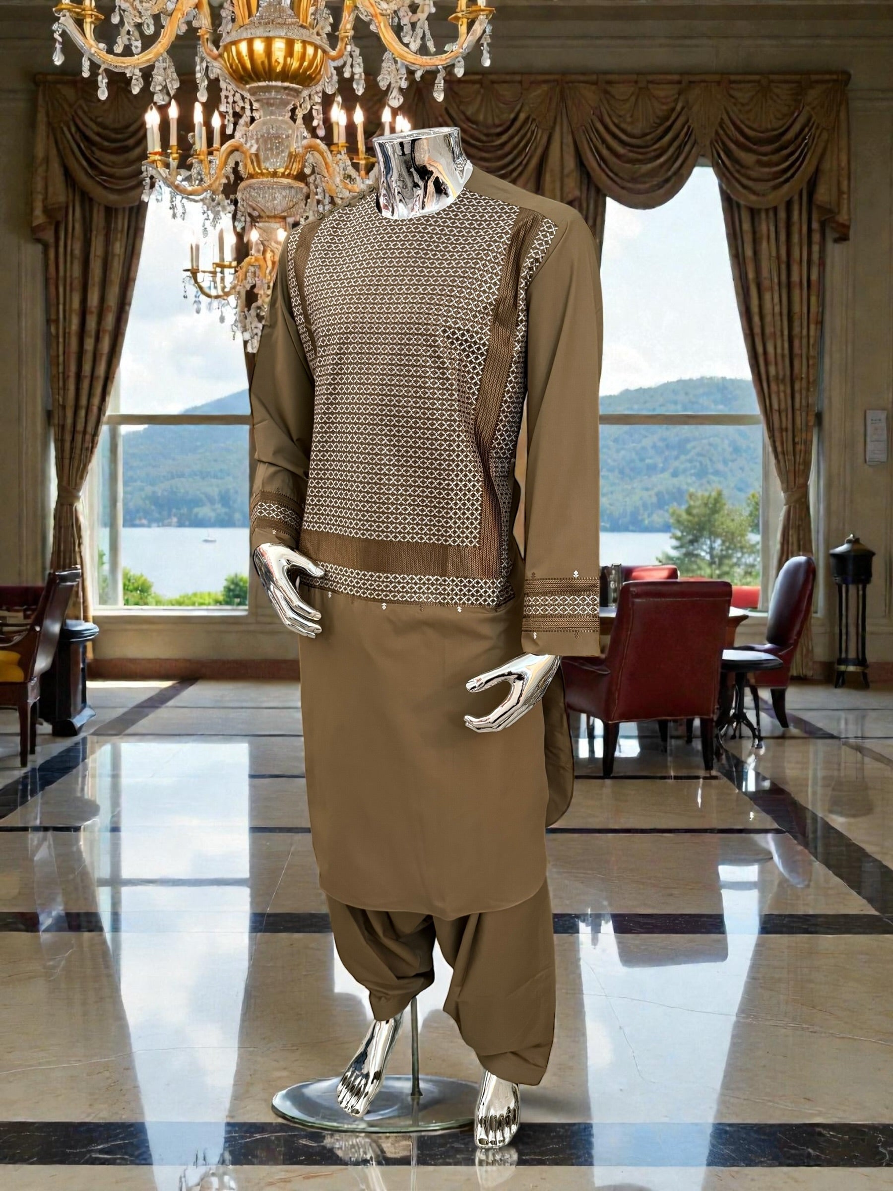 Men’s Camel Brown Parahan Tumban with Matching Embroidery – Afghan Traditional Outfit (Large)