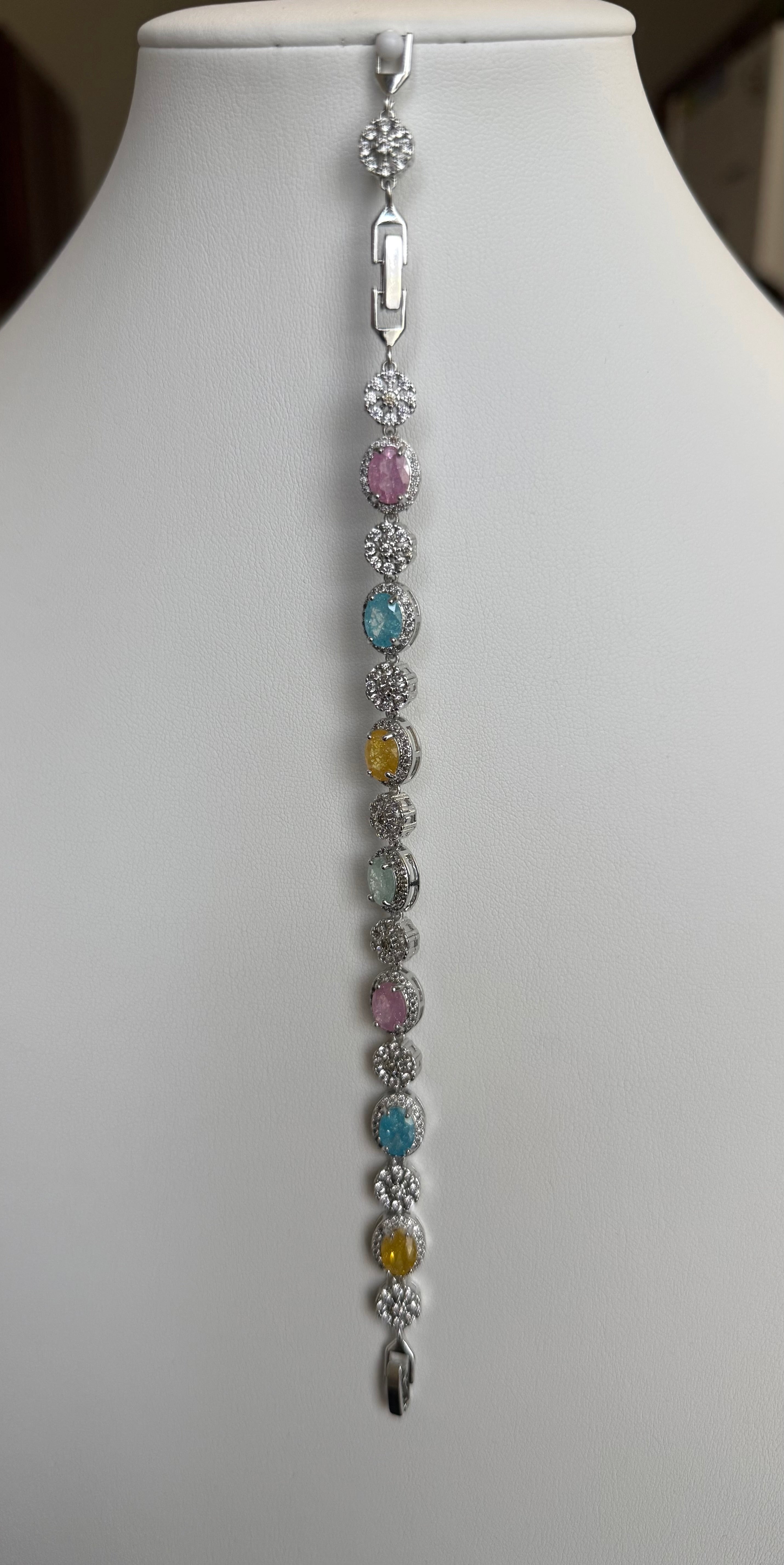 Multicolor Oval Crystal Halo Tennis Bracelet – Silver Tone Sparkling Statement Jewelry 7113