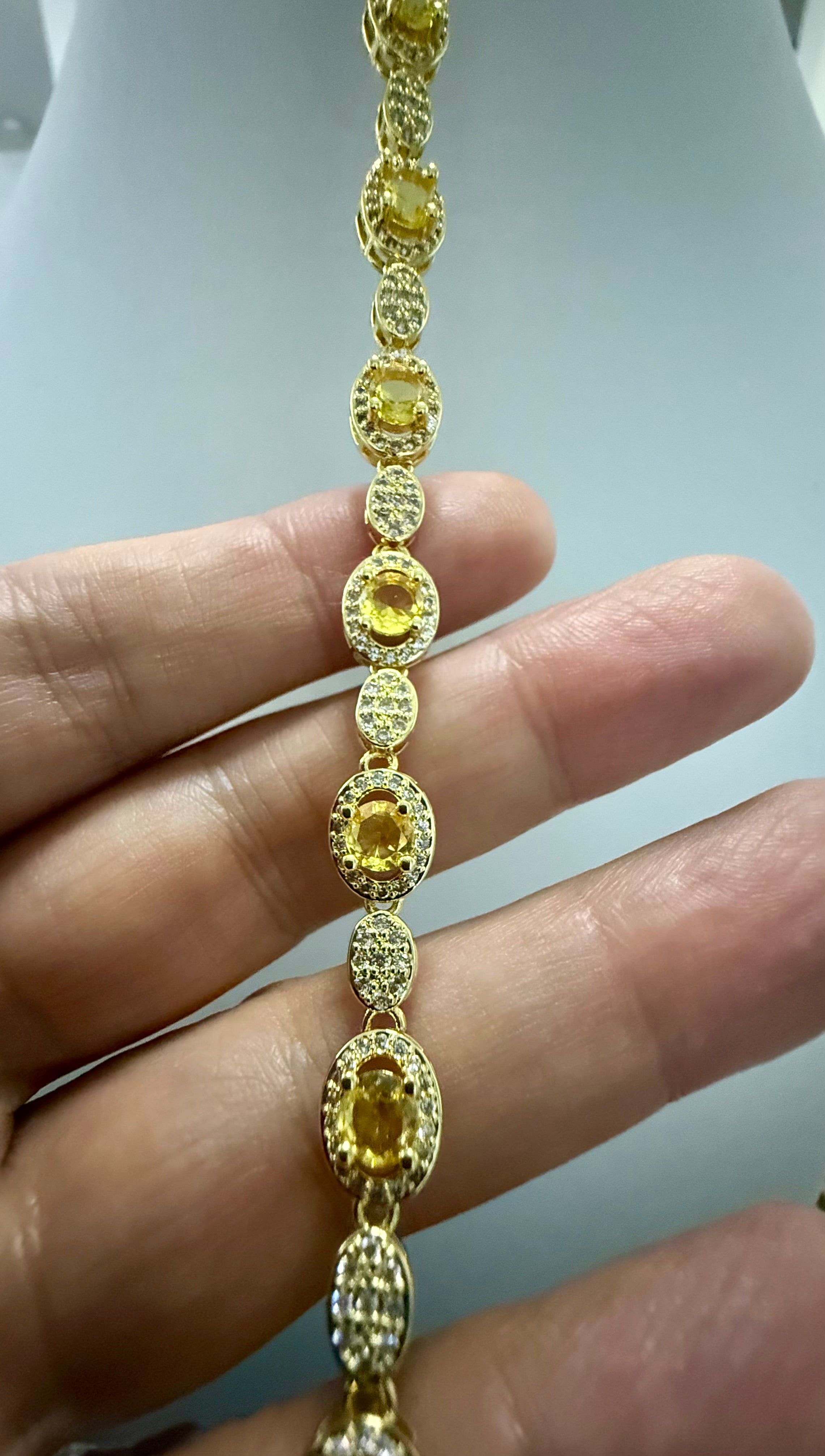 Golden Yellow Oval Crystal Halo Tennis Bracelet for Women – Gold Tone with Jewelry Gift Box 7071