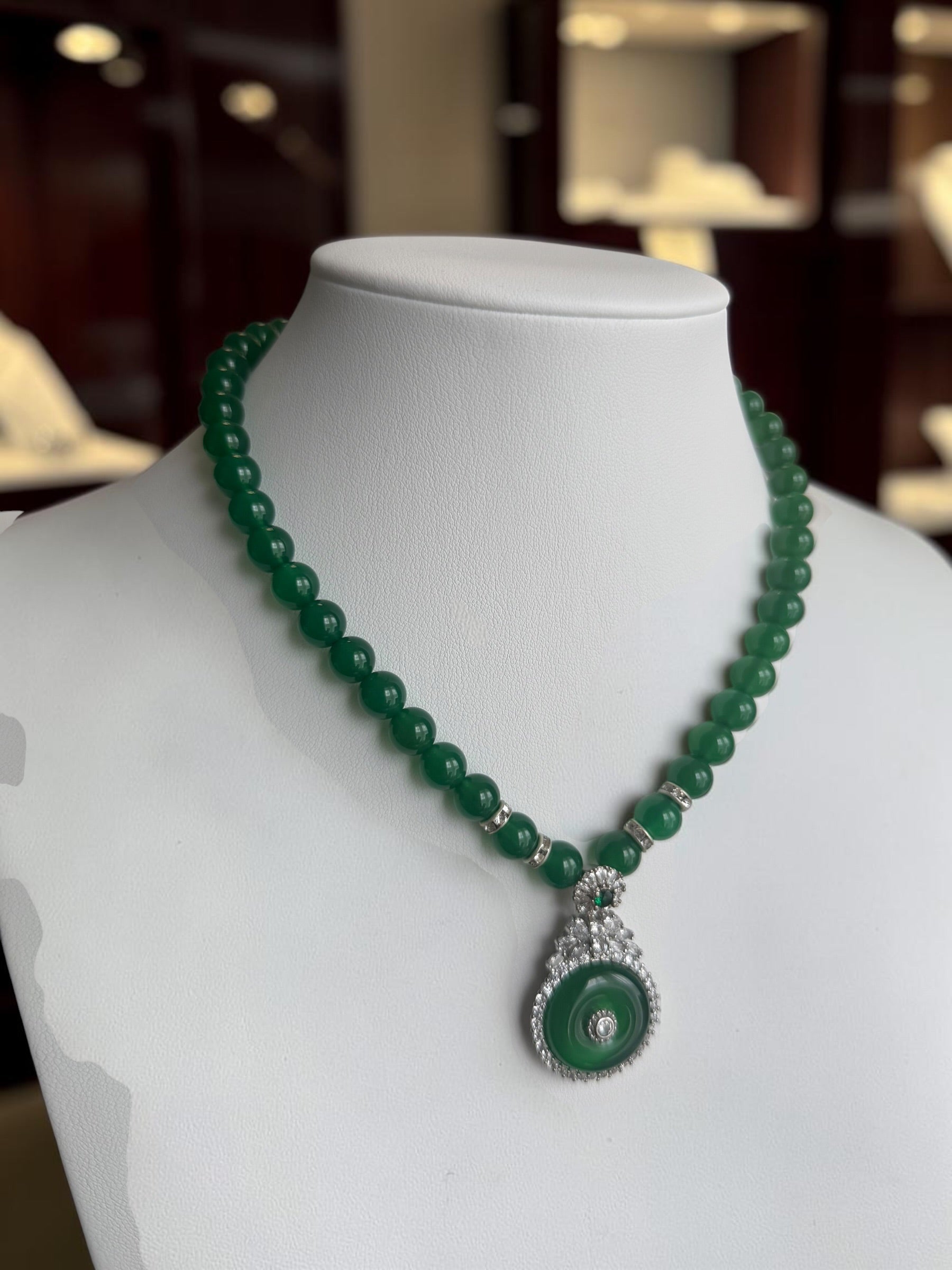 Natural Green Agate Beaded Donut Pendant Necklace – Silver Plated Brass with Chalcedony & Zirconia Accents – Statement Gemstone Jewelry with Certificate 6007