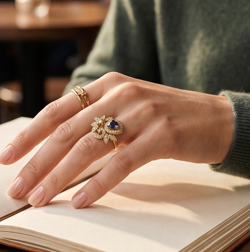 Floral Teardrop Statement Ring – Adjustable Gold-Tone Ring in Pink, Clear & Purple