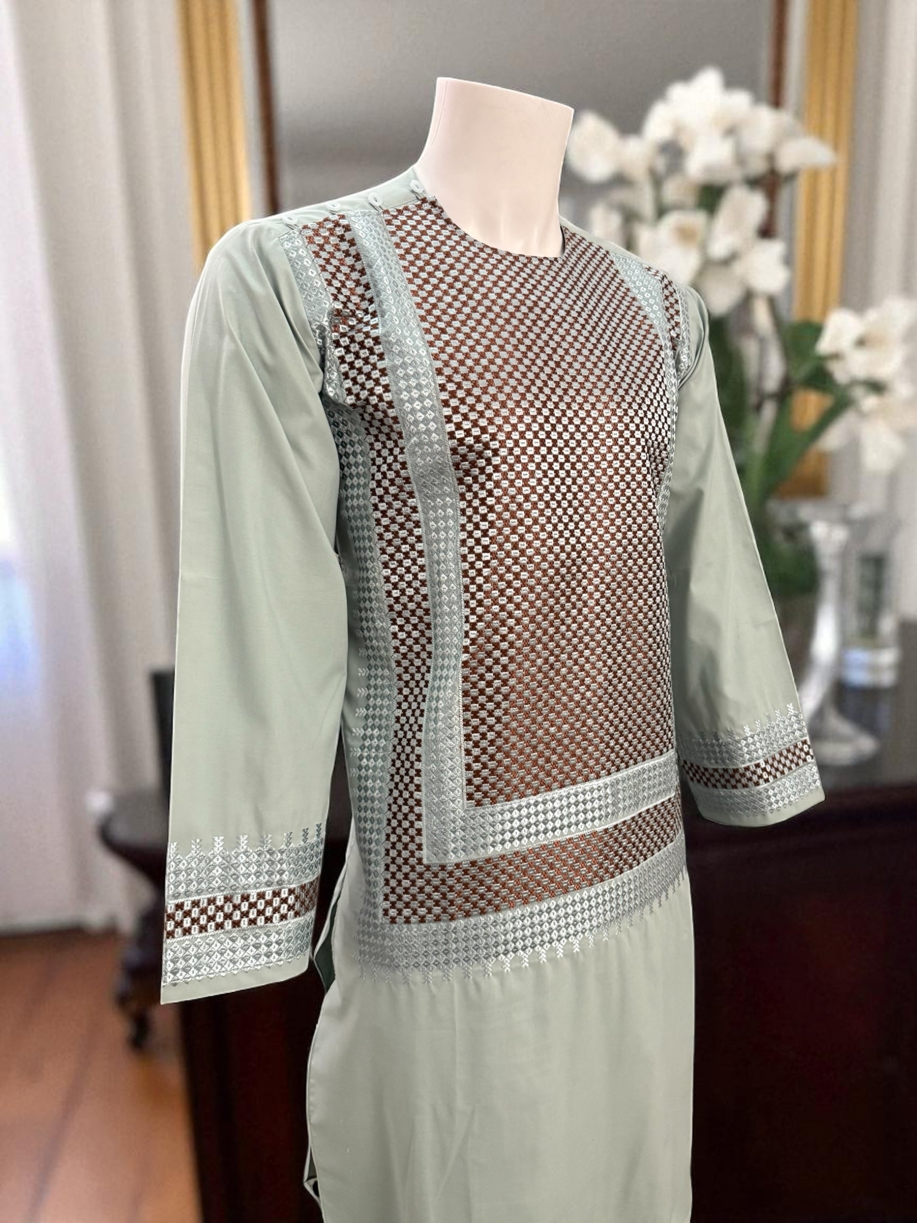 Men’s Pistachio Green Kameez with Brown and Matching Machine Embroidery – Afghan Traditional Wear | Luqmaan Boutique (Medium)