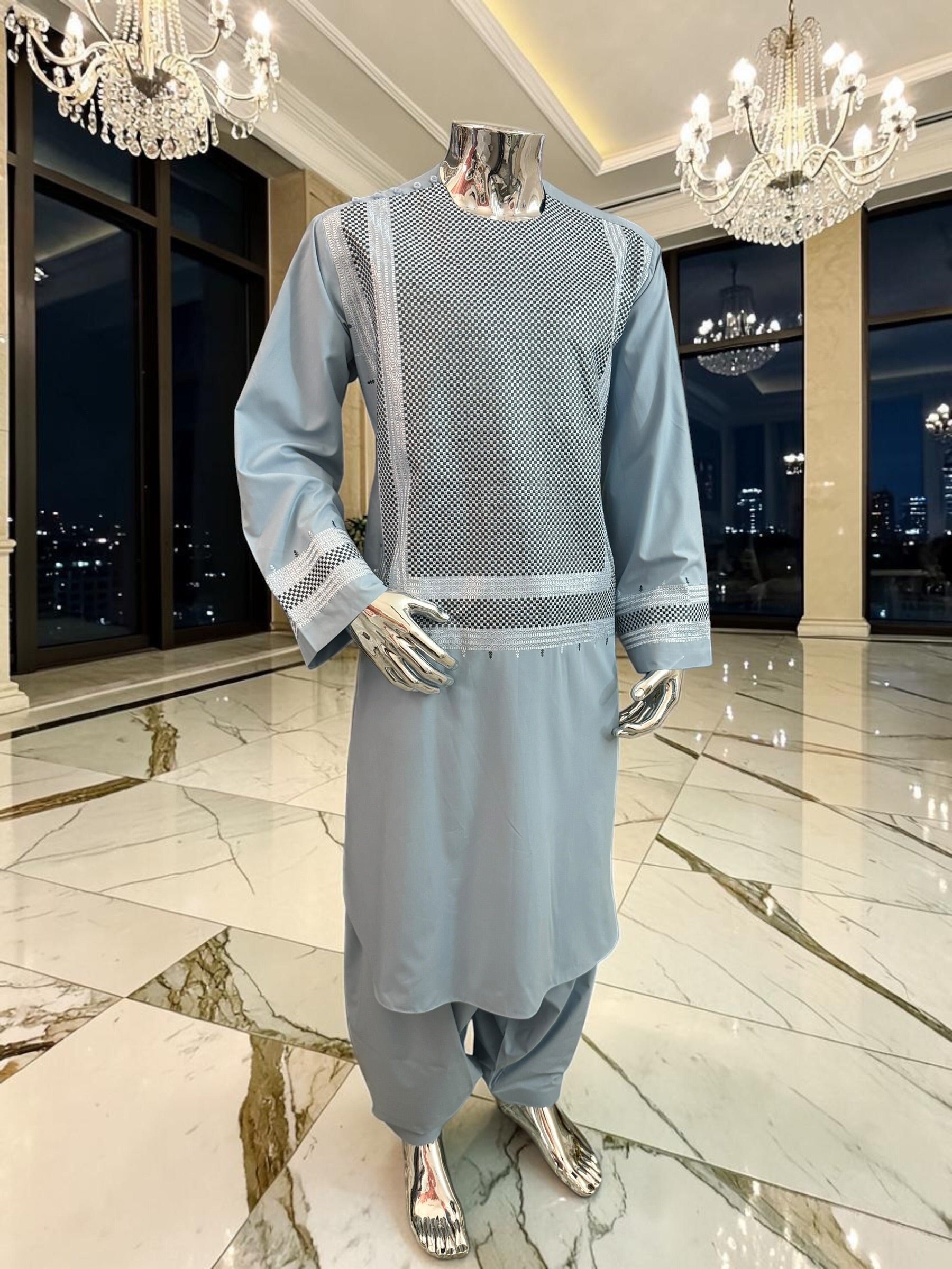 X-Large Sky Blue Kandahari Parahan Tunban for Men | Premium Afghan Traditional Wear