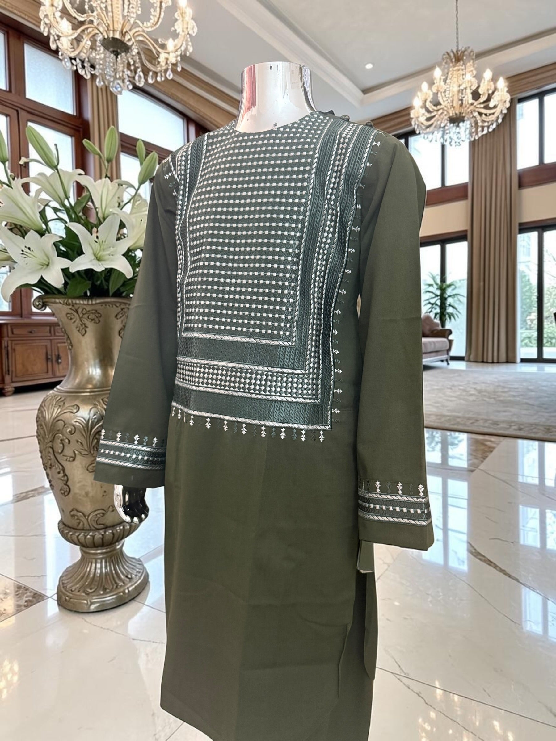Kids Afghan Parahan Tunban (Shalwar Kameez) – Olive Green Embroidered Traditional Outfit for Boys Design #24