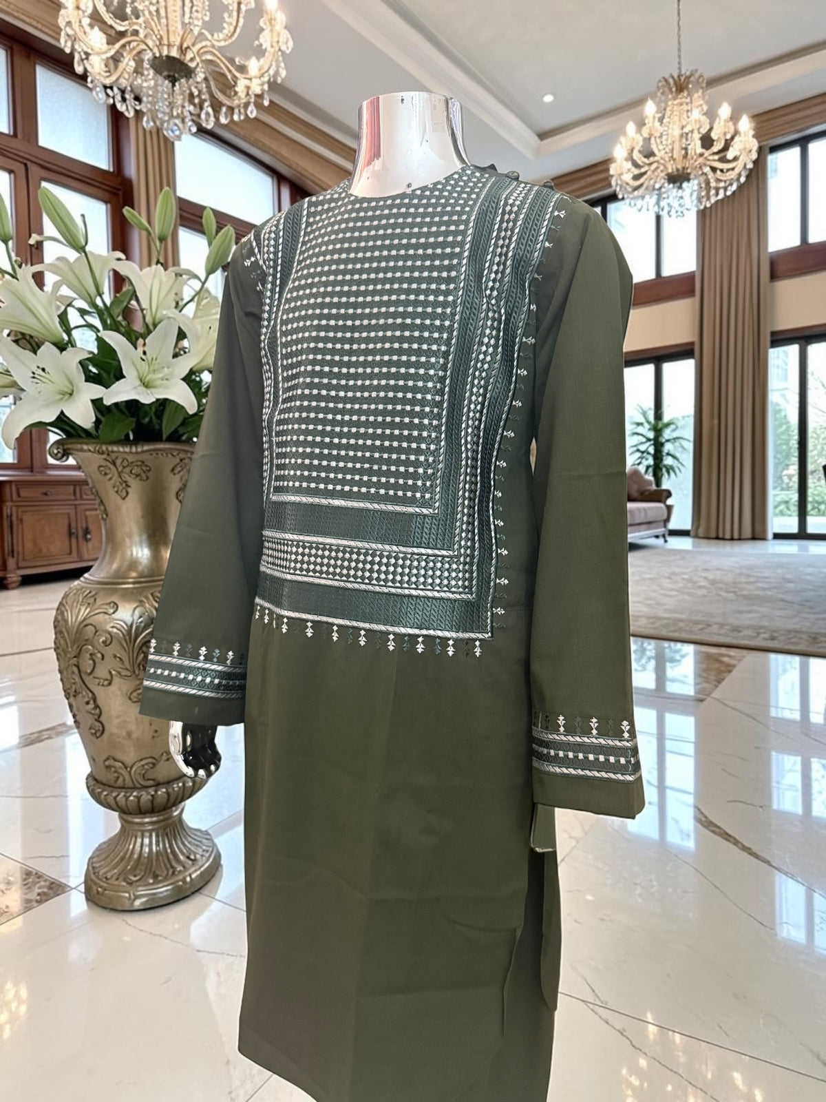 Kids Afghan Parahan Tunban (Shalwar Kameez) – Olive Green Embroidered Traditional Outfit for Boys Design #24