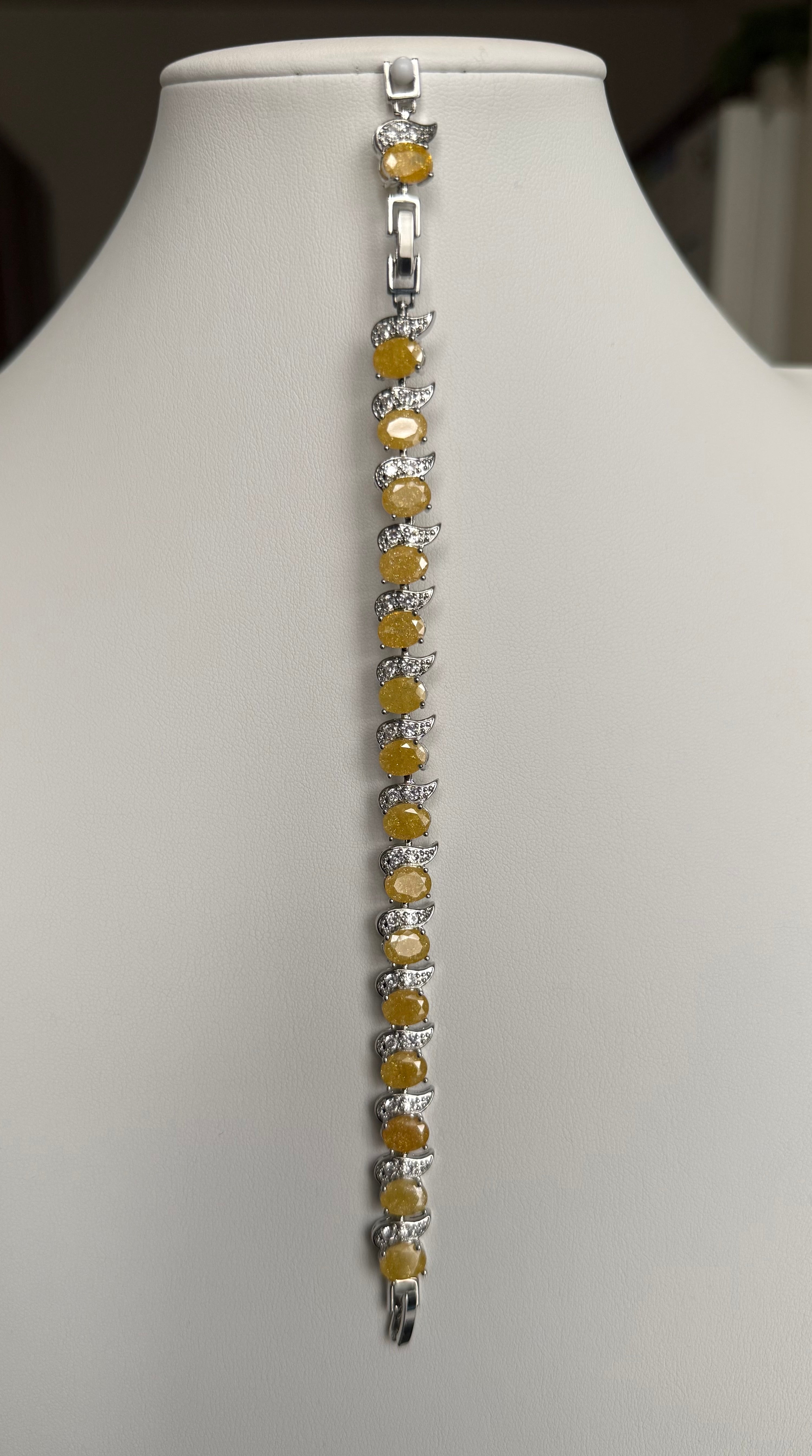 Yellow Crystal Link Bracelet – Silver-Tone Oval Stone & Pavé Swirl Bracelet for Women 7124