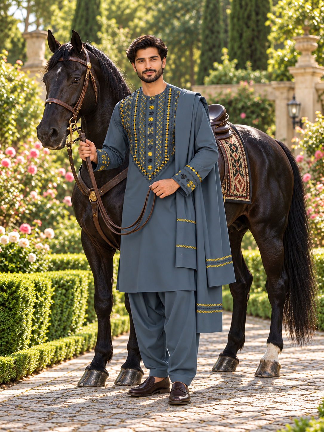 Men’s Hand-Embroidered Afghan Parahan Tunban 3-Piece Set with Shawl – Slate Blue