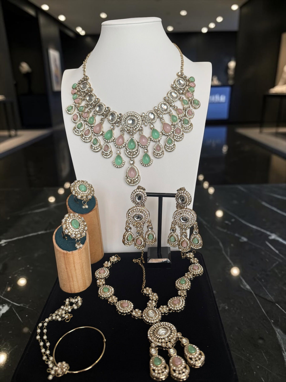 Pastel Pink & Mint Green Kundan Half Bridal Jewelry Set – 6-Piece Necklace, Earrings, Sheeshphool, Nath & Adjustable Rings 6061