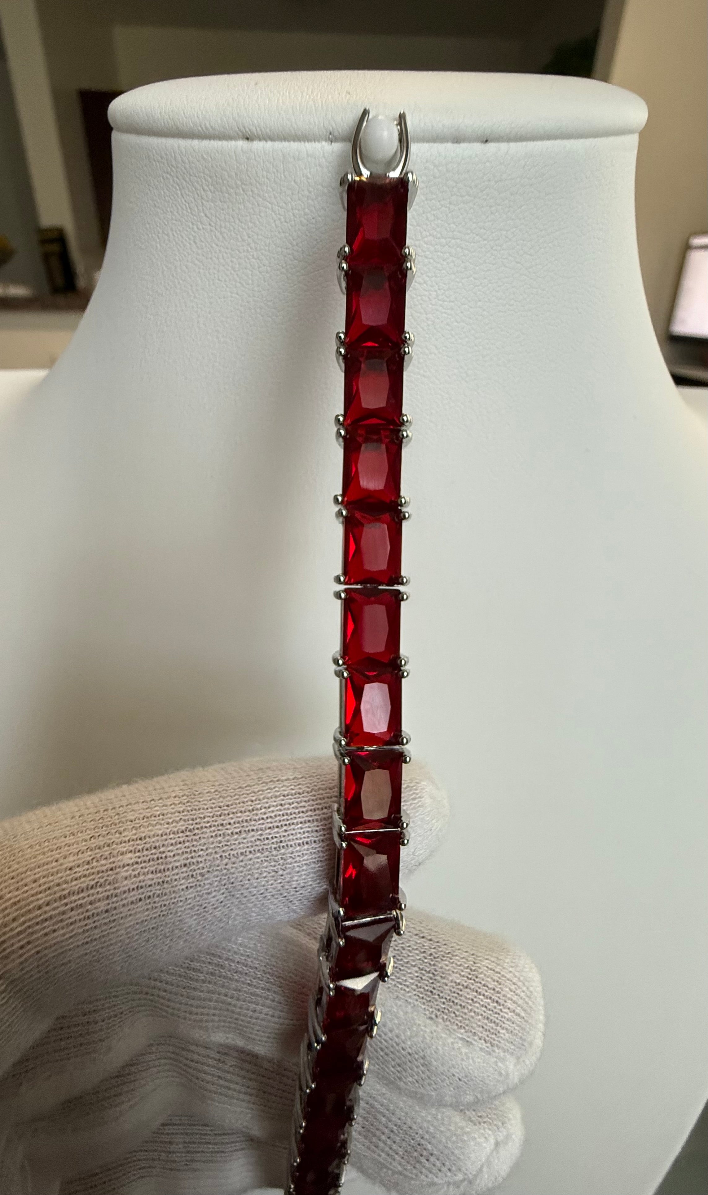 Ruby Red Rectangular Crystal Tennis Bracelet – Silver Tone Statement Bracelet for Women 7111