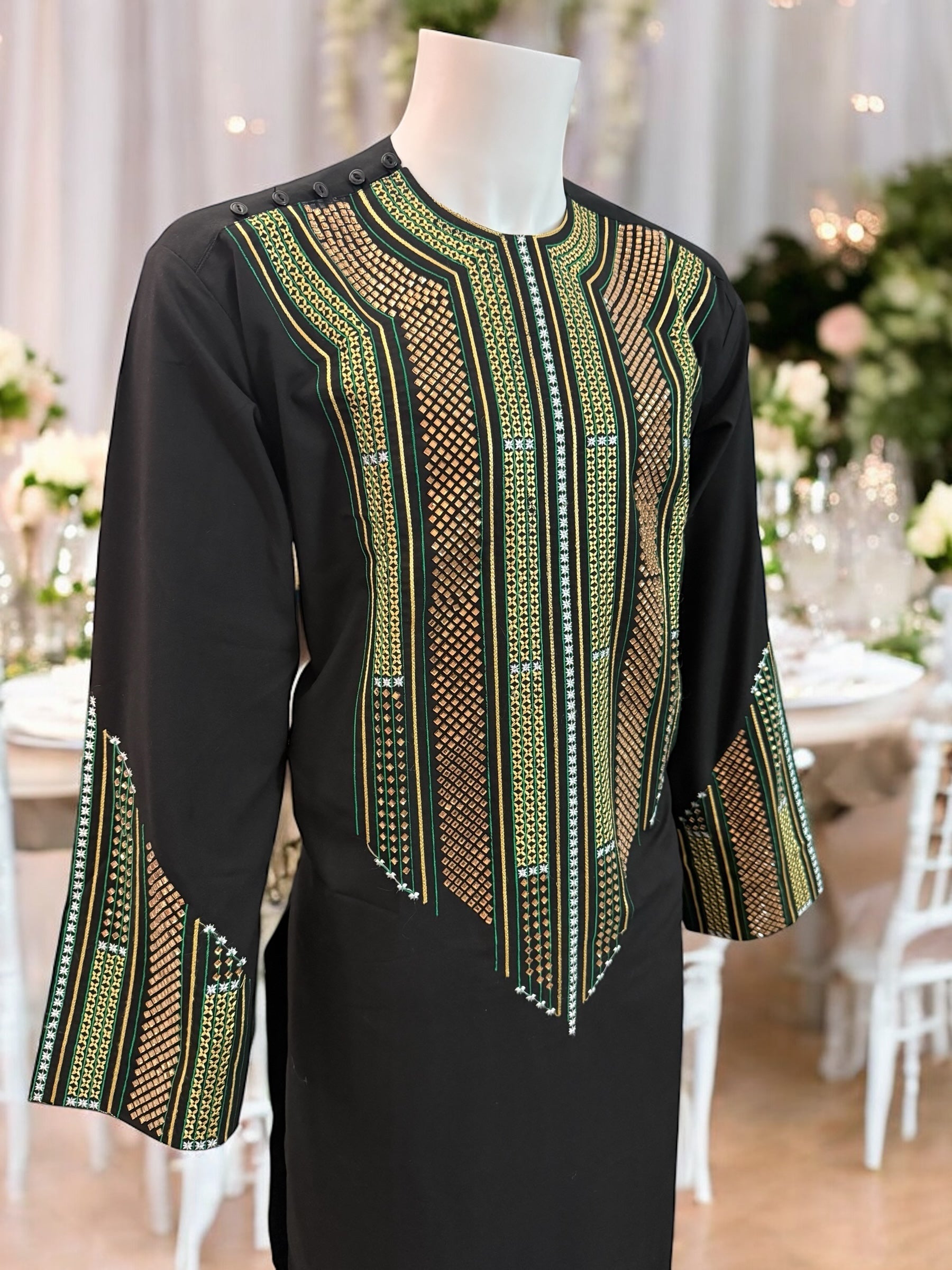 Afghan Parahan Tunban for Men Black Gold and Green Shesha Mirror Work Machine Embroidered Large