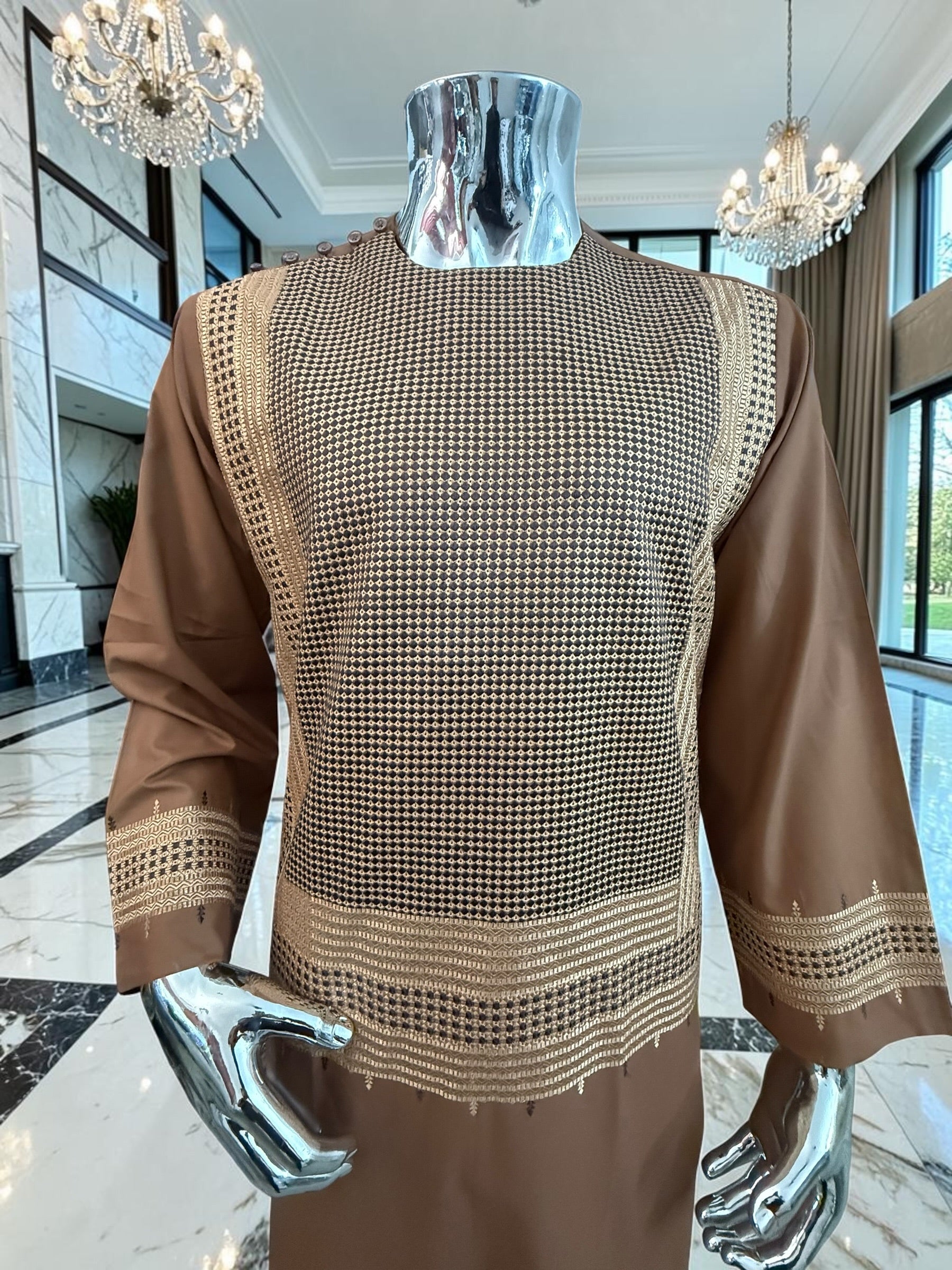 Medium Copper Brown Afghan Shalwar Kameez with Gold Embroidery | Premium Men’s Traditional Wear