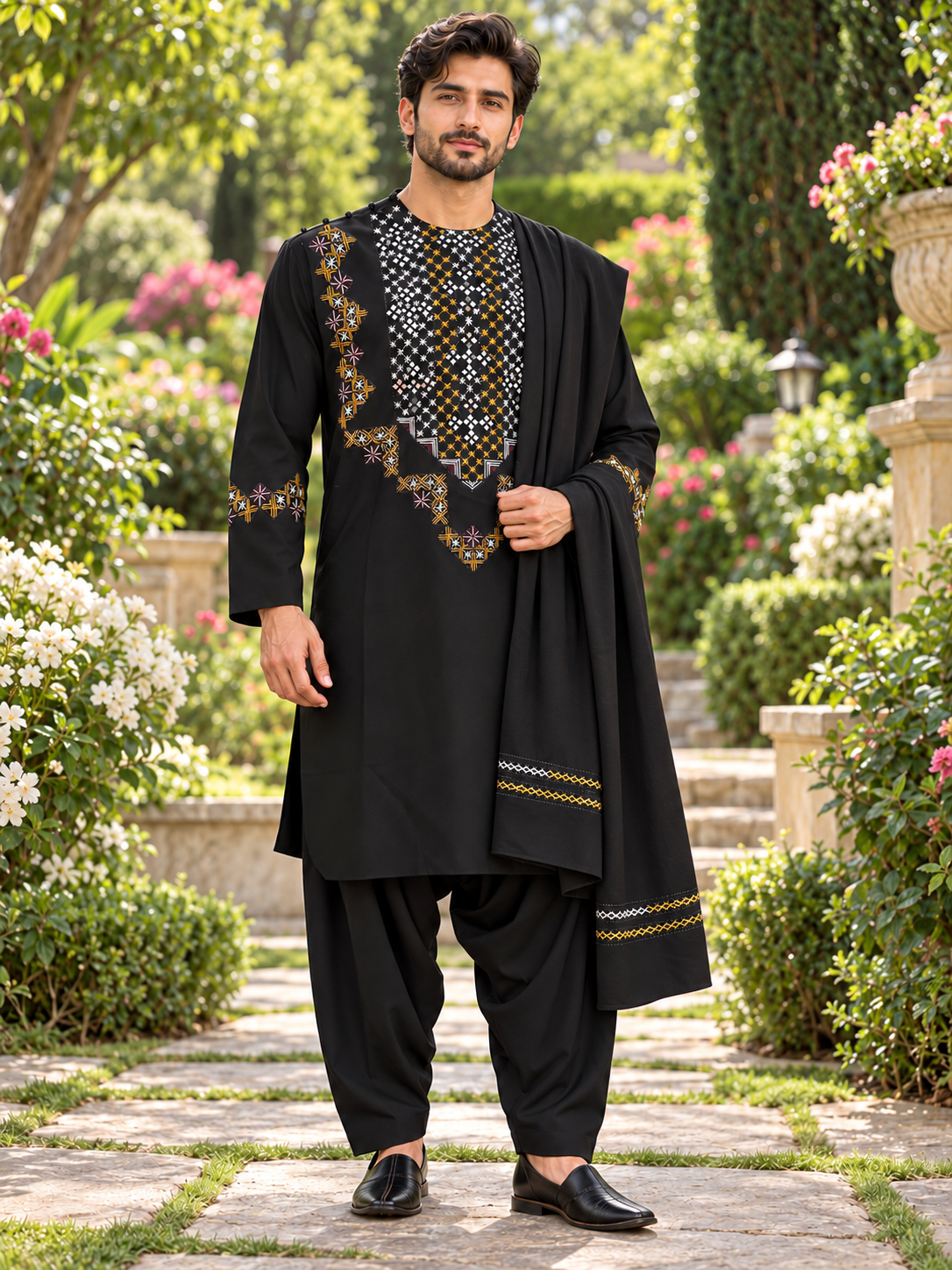 Black Hand-Embroidered Afghan Parahan Tunban with Mirror Work & Shawl