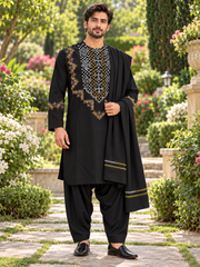 Black Hand-Embroidered Afghan Parahan Tunban with Mirror Work & Shawl