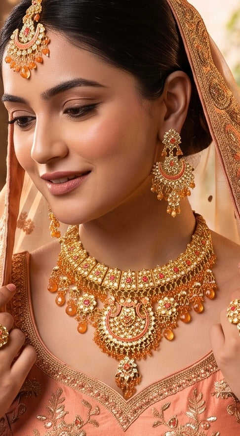 Golden Sunset Kundan Style Bridal Jewelry Set with Necklace, Earrings & Maang Tikka | Indian Pakistani Afghan Wedding Jewelry | Gift Box Included 7010