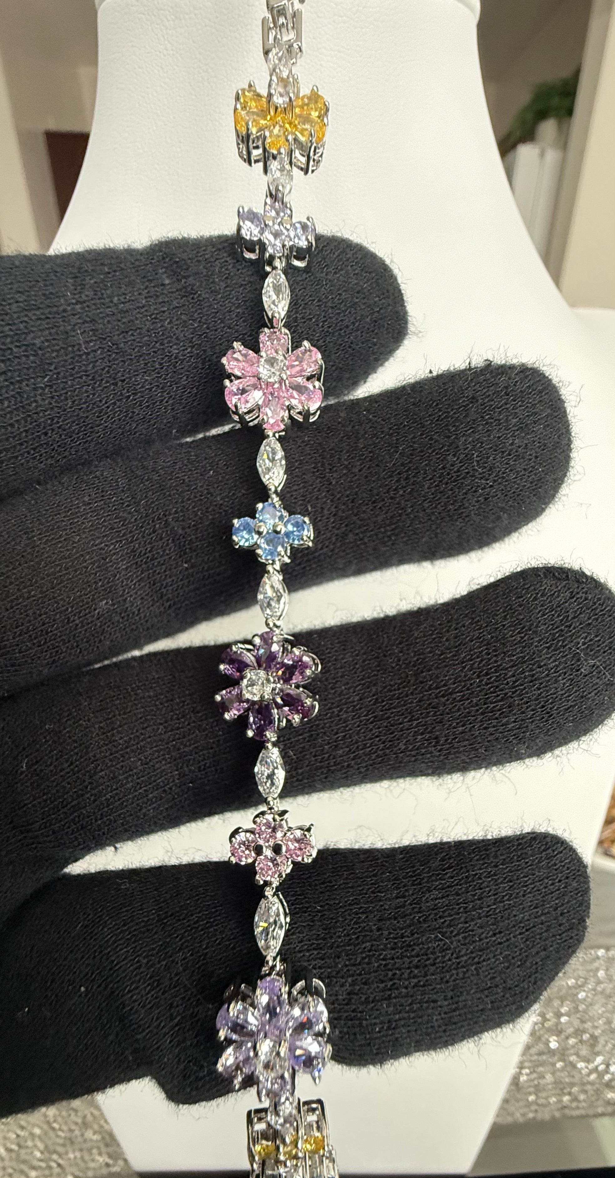Multicolor Floral Crystal Bracelet – Silver Tone Flower & Butterfly Statement Jewelry 7087
