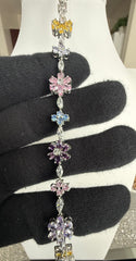 Multicolor Floral Crystal Bracelet – Silver Tone Flower & Butterfly Statement Jewelry 7087