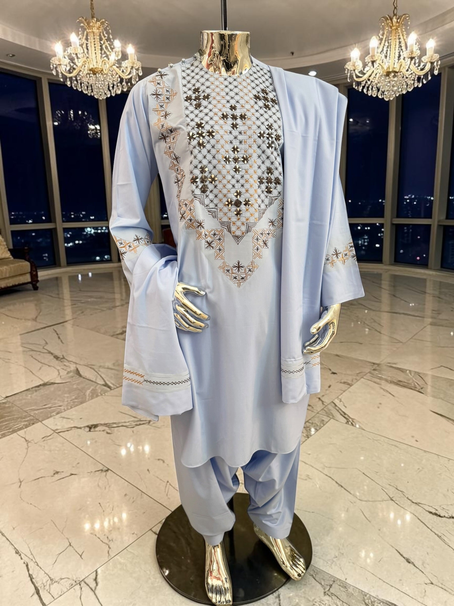Medium Sky Blue Handmade Mirror Embroidered Afghan Parahan Tunban Set with Chadder
