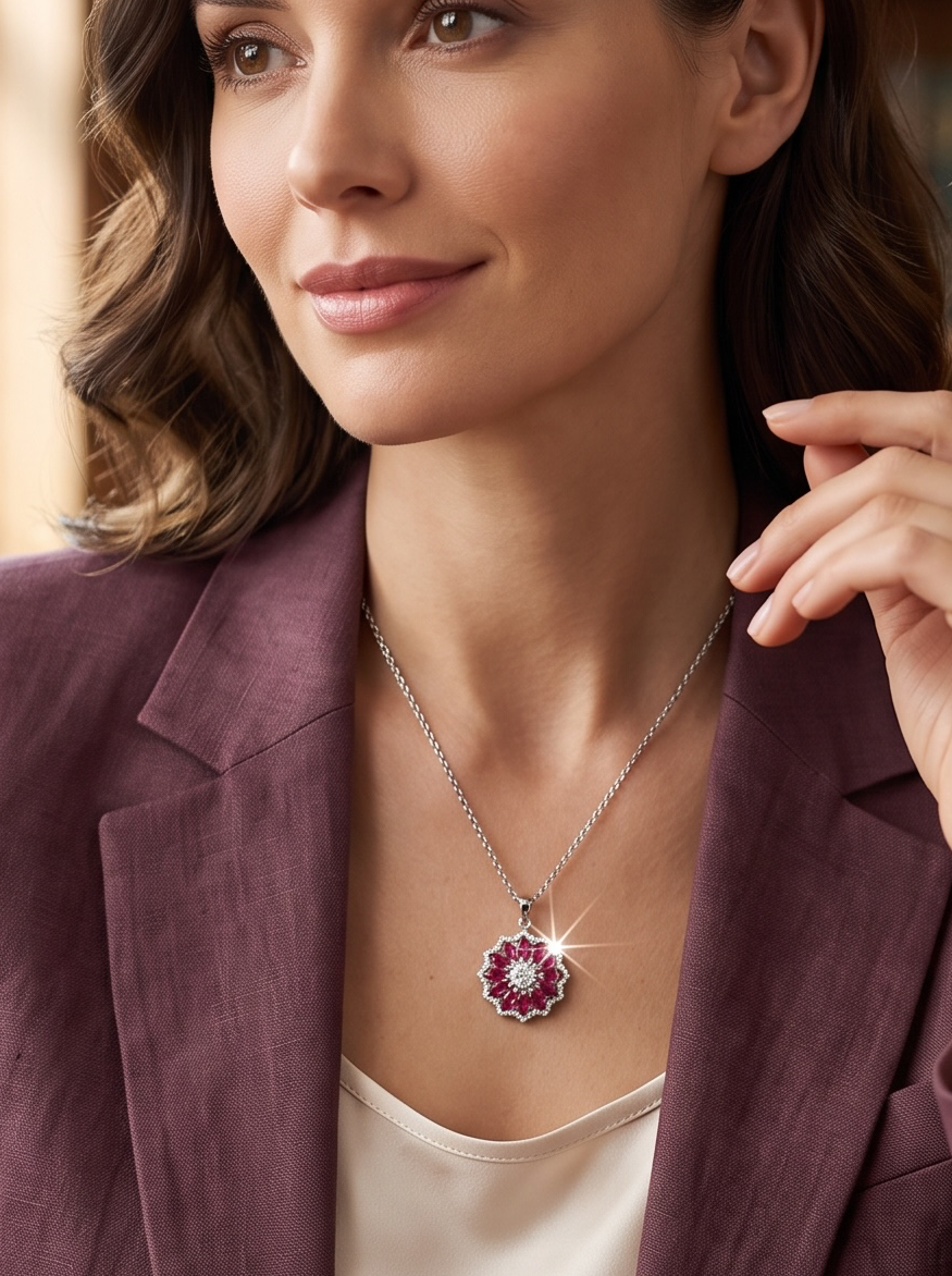 Pink Crystal Floral Pendant Necklace – Silver Tone Flower Statement Necklace with Gift Box 7157